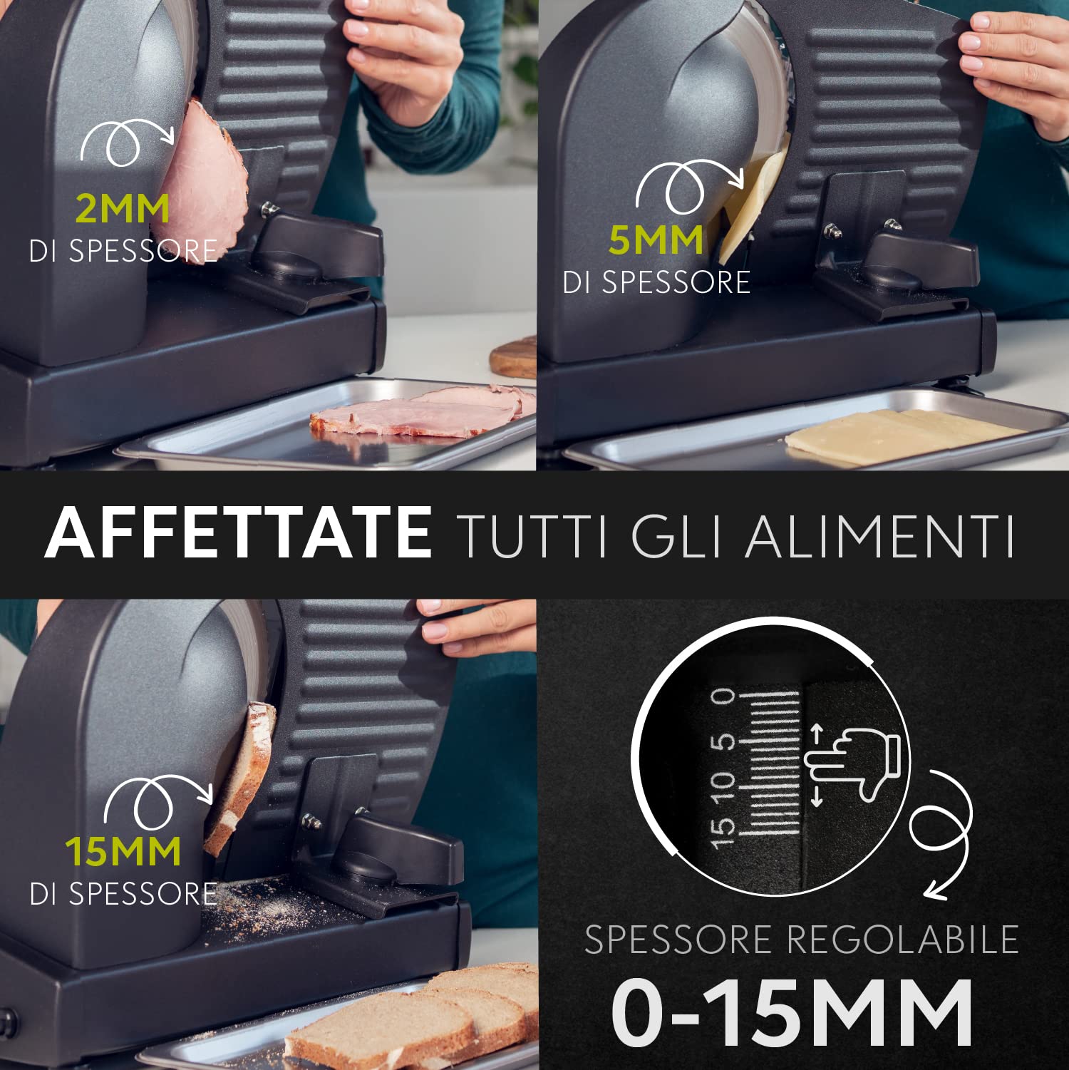 Twinzee Affettatrice Elettrica da Casa 150W Nera - 2 Lame, Spessore 0-15mm - Affettatrice Professionale per Salumi, Carne e Pane