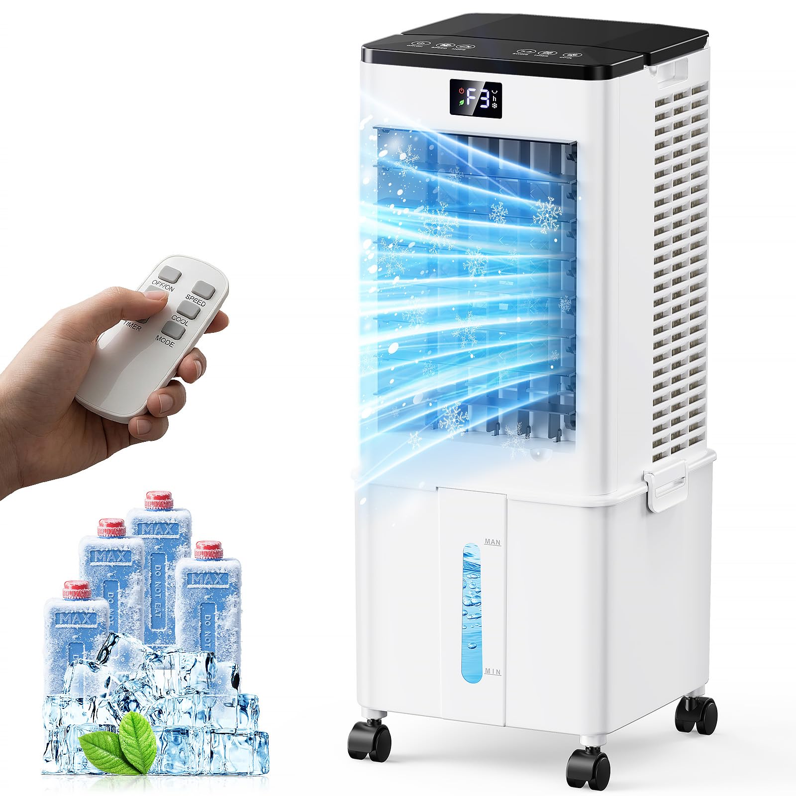 Portable Air Conditioner,4-in-1 AC Unit with 3 Speeds,10L Water Tank, 4 Ice Packs,1-12h Timer, 60° Oscillation, Remote Control, 60W Evaporative Air Cooler for Home & Office Bedroom（Ink Black）
