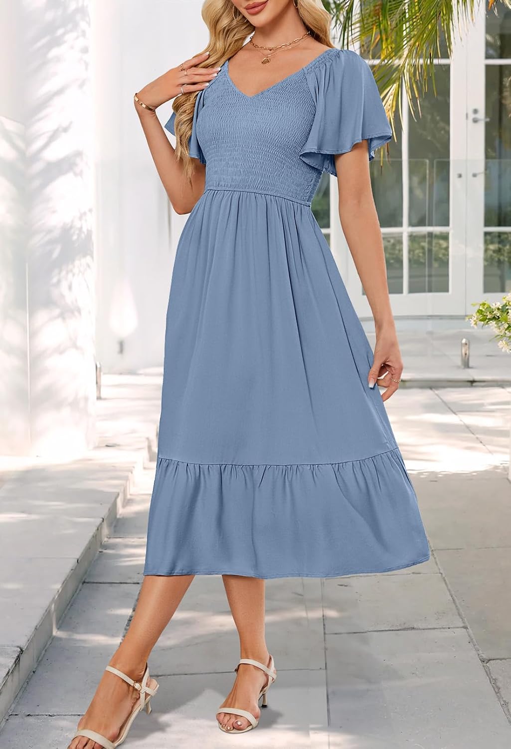 MEROKEETY Women's Summer Casual V Neck Ruffle Sleeve Smocked High Waist Midi Dress with Pockets - Image 3