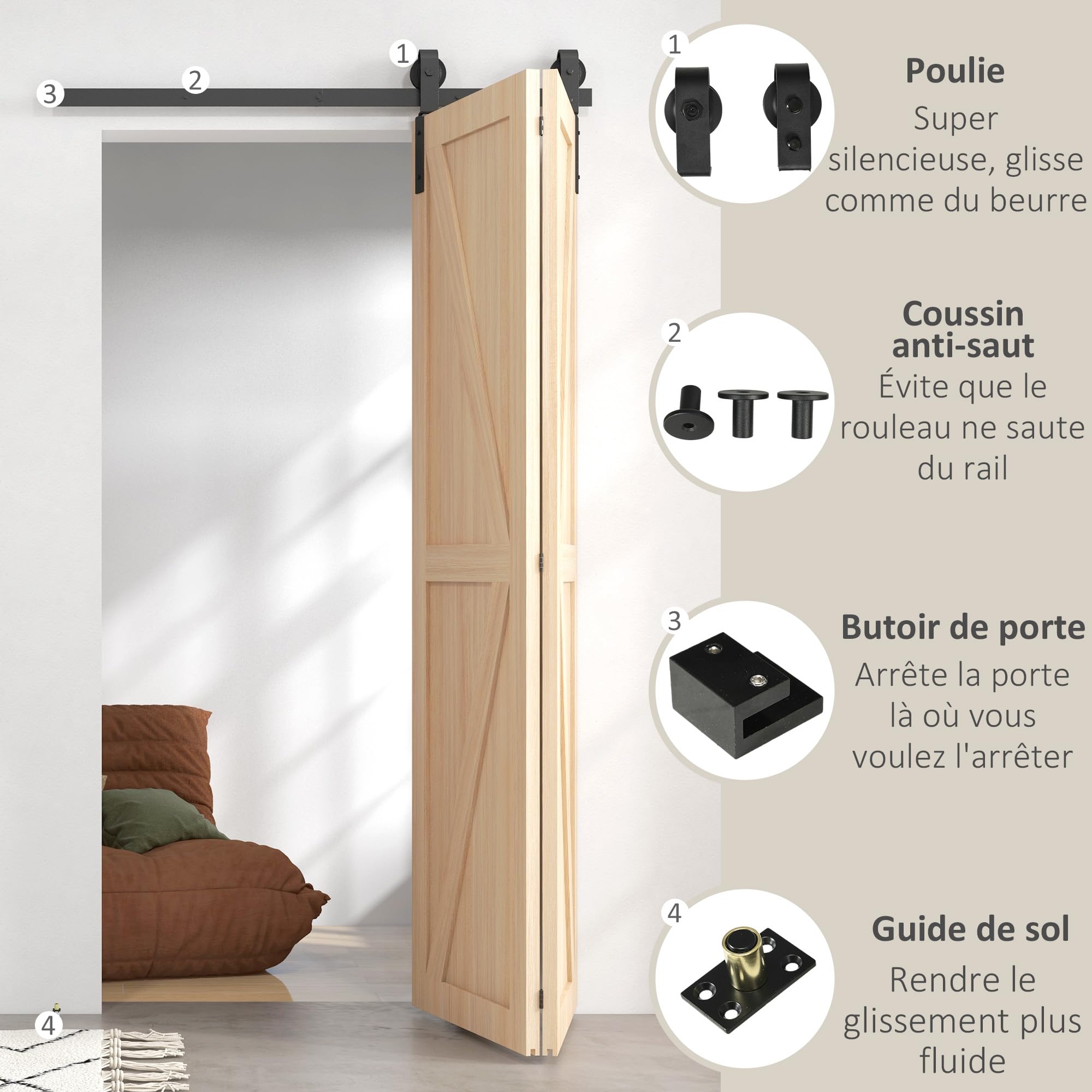 HOMCOM 122 CM Quincaillerie de Porte Coulissante Pliante 2 Portes Noir | Kit de Rails de Porte Coulissante Pliable, en Acier, avec Cintre en Forme de J