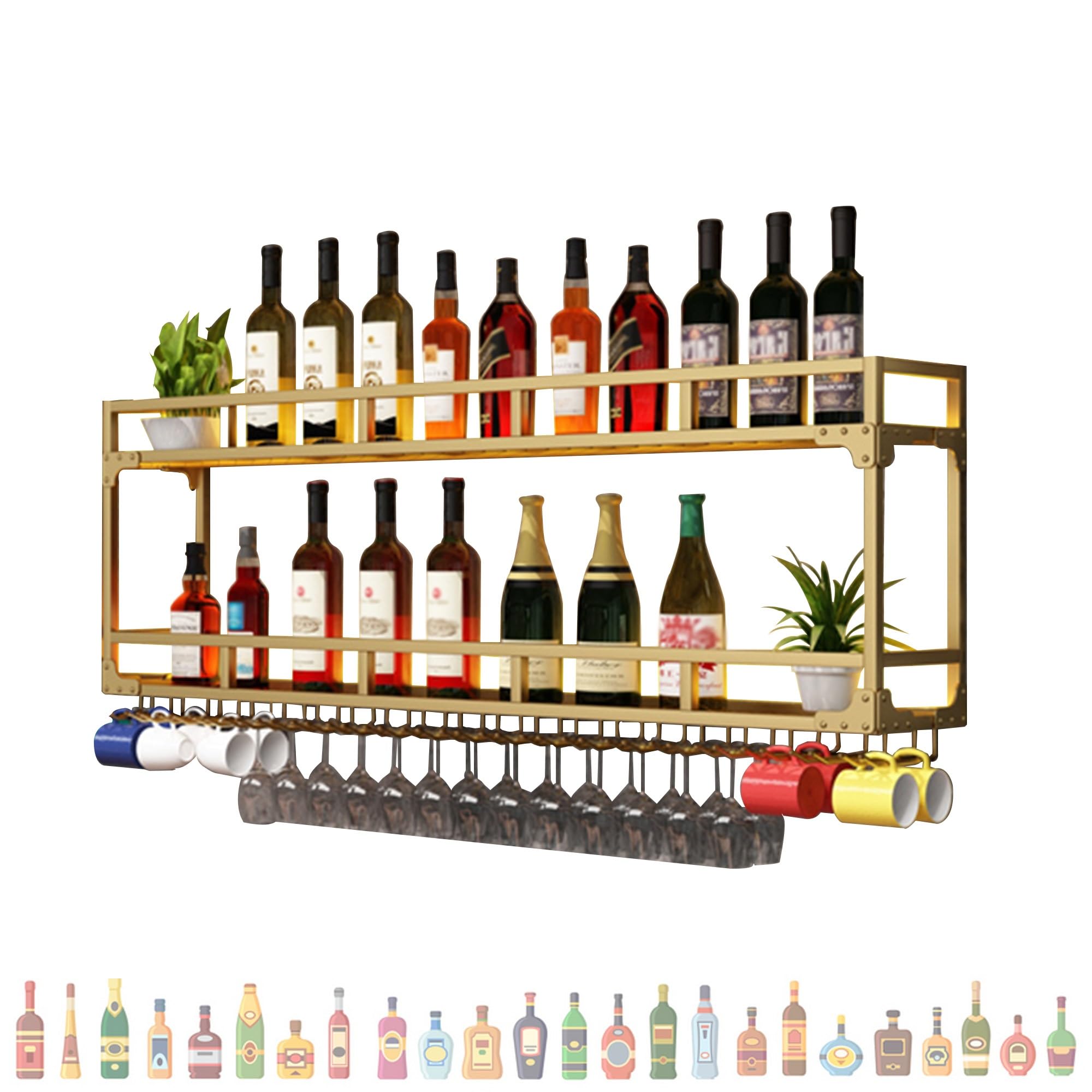 Portabottiglie da parete con luce a LED e sospensione in vetro, elegante mobile da bar per cucina, soggiorno e cantina (D: 200 x 25 x 54 cm)