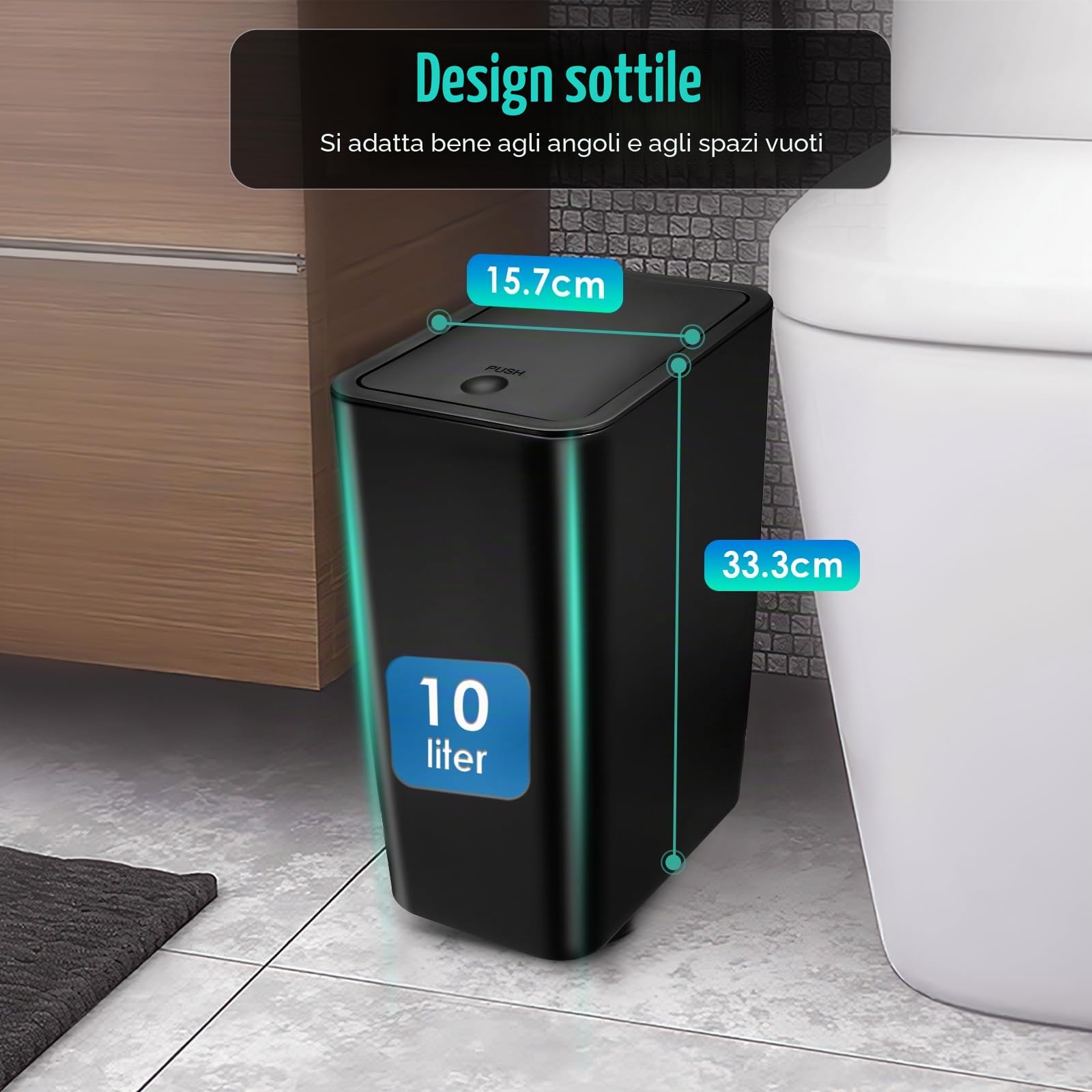 Kssvzz 3 Pezzi Pattumiera Bagno con Coperchio, 10L Cestino Spazzatura Diverse Colorazioni, Bidoncino Bagno Realizzata in Plastica di Alta Qualità, 22x16x33cm (Nero)