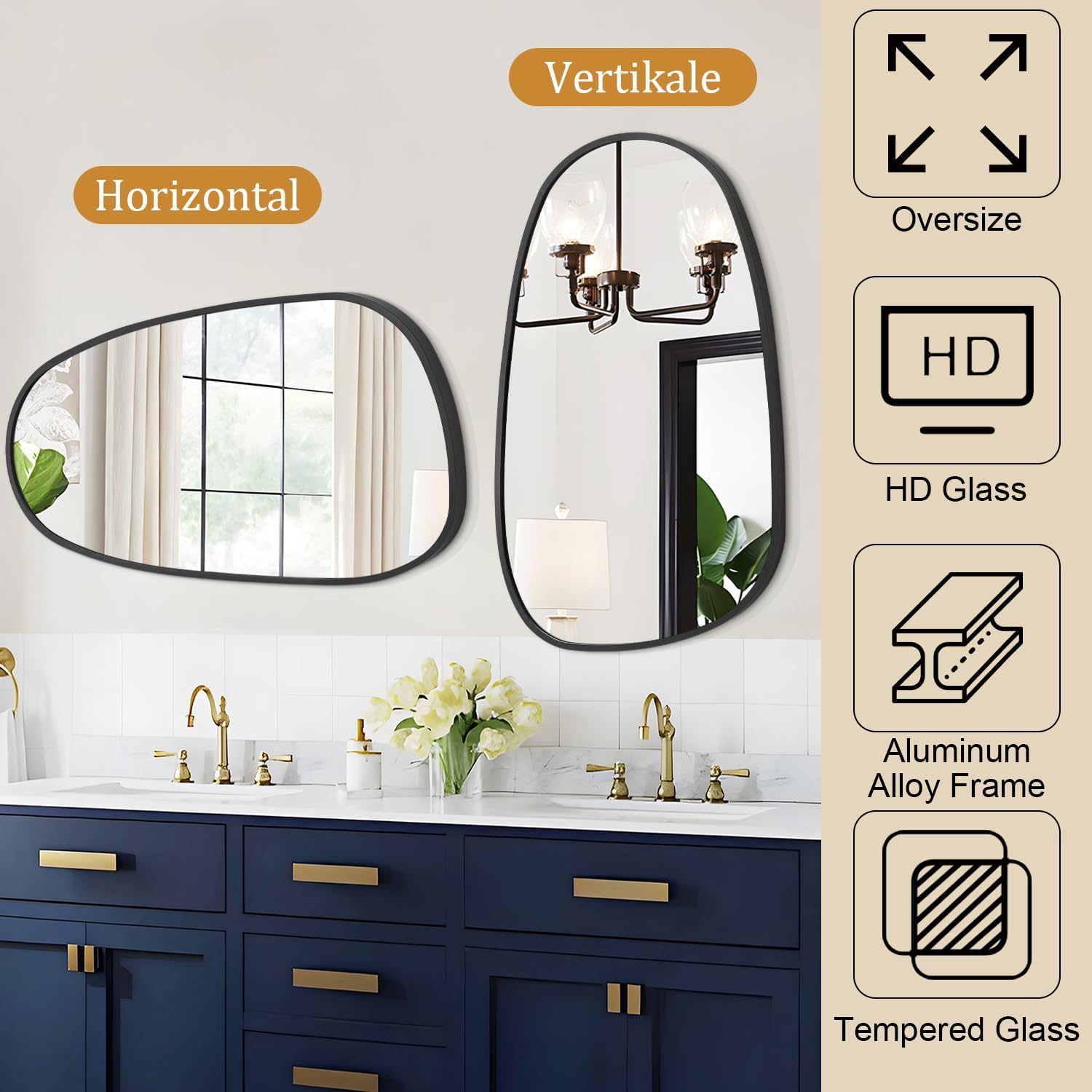 Black Irregular Bathroom Mirror for Wall, Aluminum Alloy Frame Asymmetrical Mirrors Brushed Metal Vanity Wall Mounted Mirror for LivingRoom Bedroom Room Home Decor Large 26"x14"