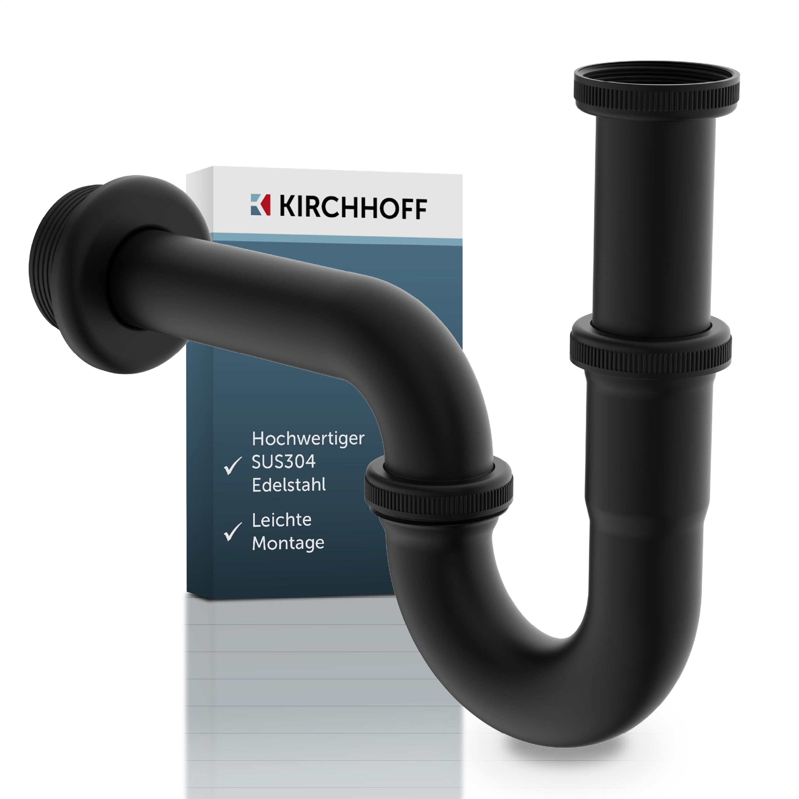 KIRCHHOFF Siphon schwarz Waschbecken, Siphon aus hochwertigem Edelstahl schwarz SUS 304, Ablaufgarnitur Waschbecken schwarz, Syphon Waschbecken schwarz, Siphon mit Gummirosette und Montageanleitung