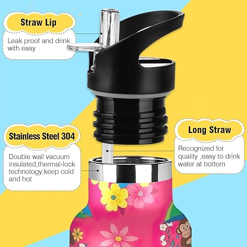 Miniatura 3 de Botella de agua para niños con popote para la escuela, a prueba de fugas, botella de agua aislada de 20 onzas, sin BPA, paraguas marrón, verde, azul