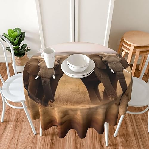 Miniatura 7 de Mantel redondo de otoño de 60 x 60 pulgadas, mantel con estampado de animales salvajes y elefantes, impermeable, resistente a las arrugas, mantel de