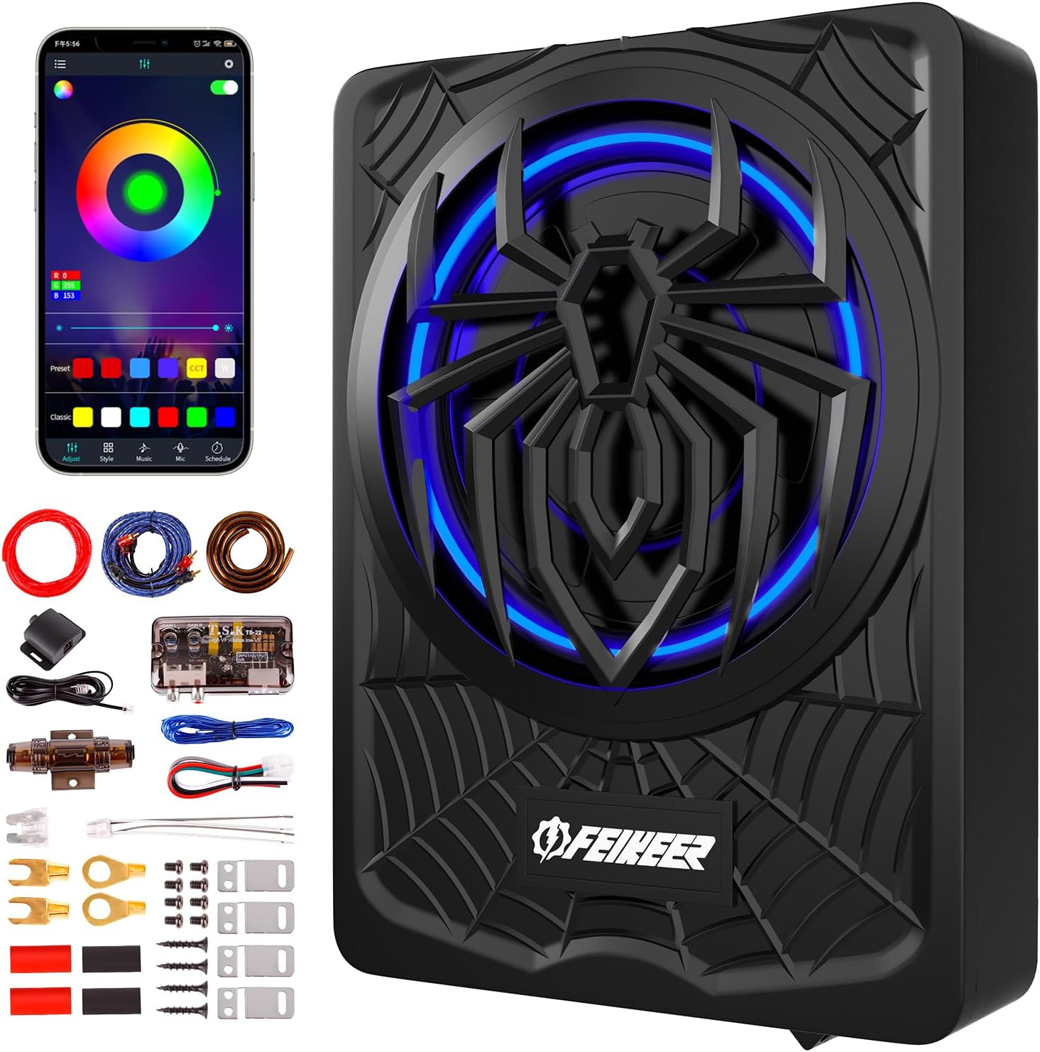 feikeer 10" 1200W RGB Slim Underseat Subwoofer with Amp - Deep Bass Control for Truck SUV Jeep MPV