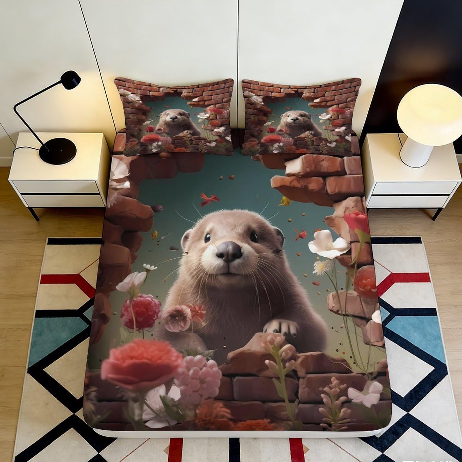 3D Printed Otter Flower Fitted Sheet Microfiber Non-Slip Bedroom Decor Animal Bed Cover Easy Care 90x200x25cm