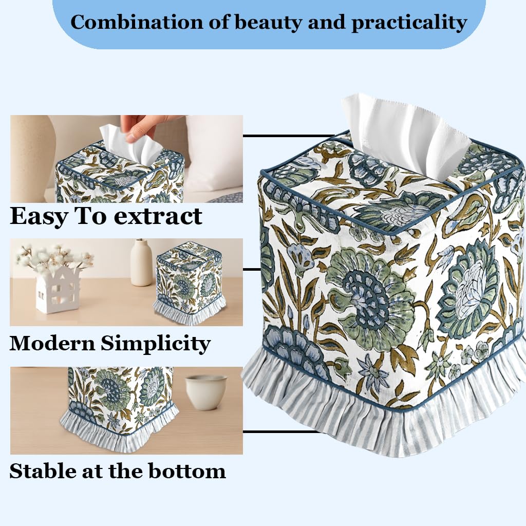 Ridhi Portatovaglioli quadrati decorativi in cotone fatto a mano con stampa a blocchi verdi con asparagi, per casa, camera da letto, soggiorno, bagno, piano di lavoro, auto, ufficio, cucina