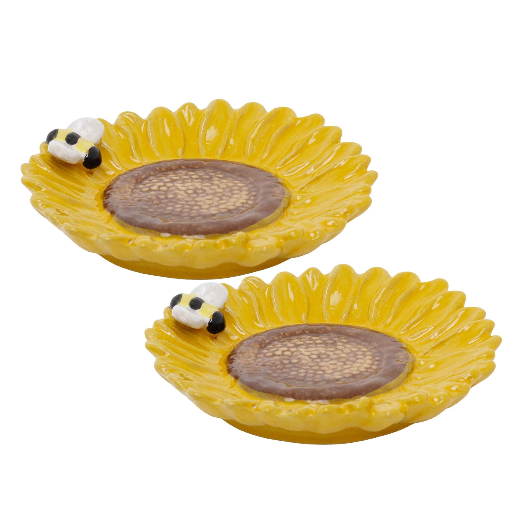 Carousel Home Set of 2 Ceramic Sunflower Trinket Dishes, 12.5cm Floral Jewellery Trays with Bumblebee, Decorative Trinket Plates