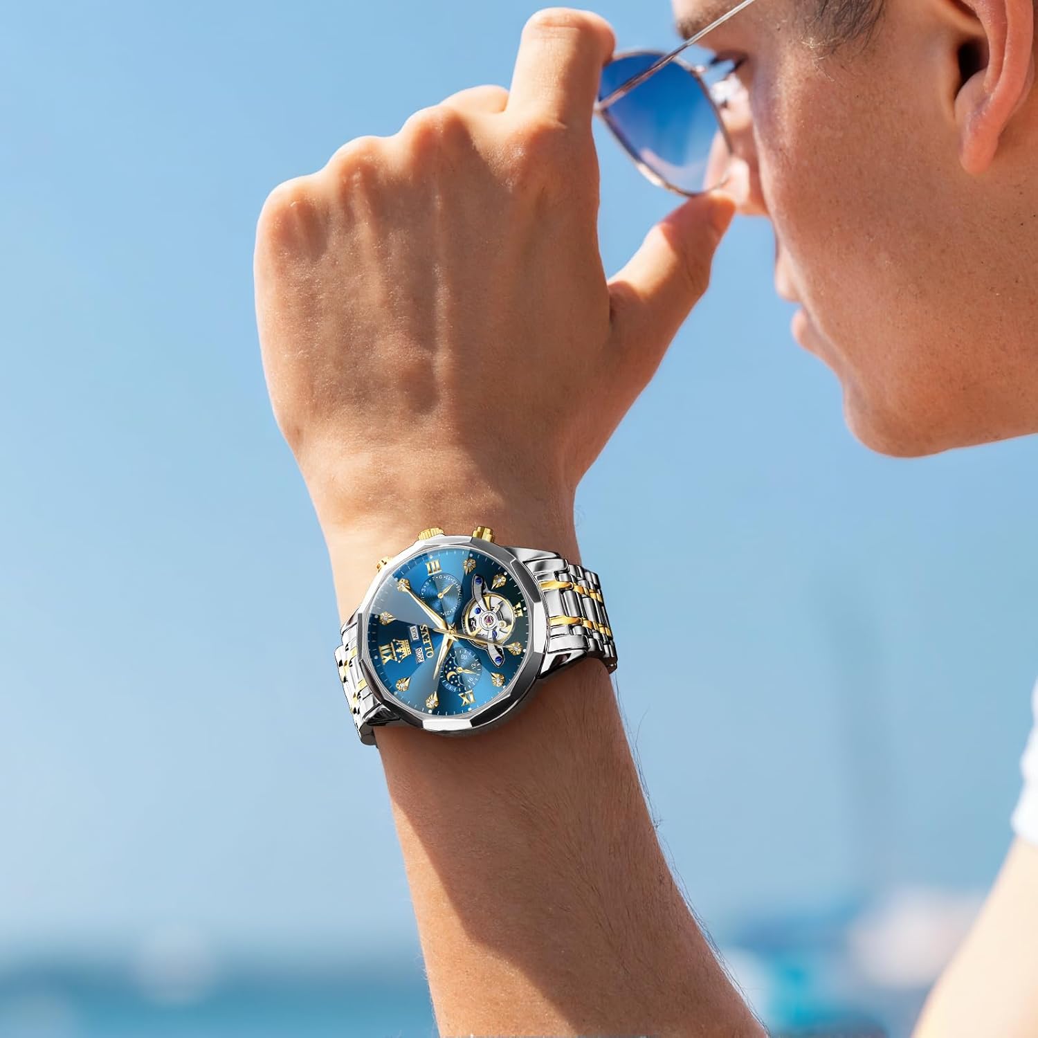 OLEVS Men Automatic Watch Diamond Skeleton Mechanical Luxury Self Winding Moon Phase Calendar Waterproof Wrist Watch for Men