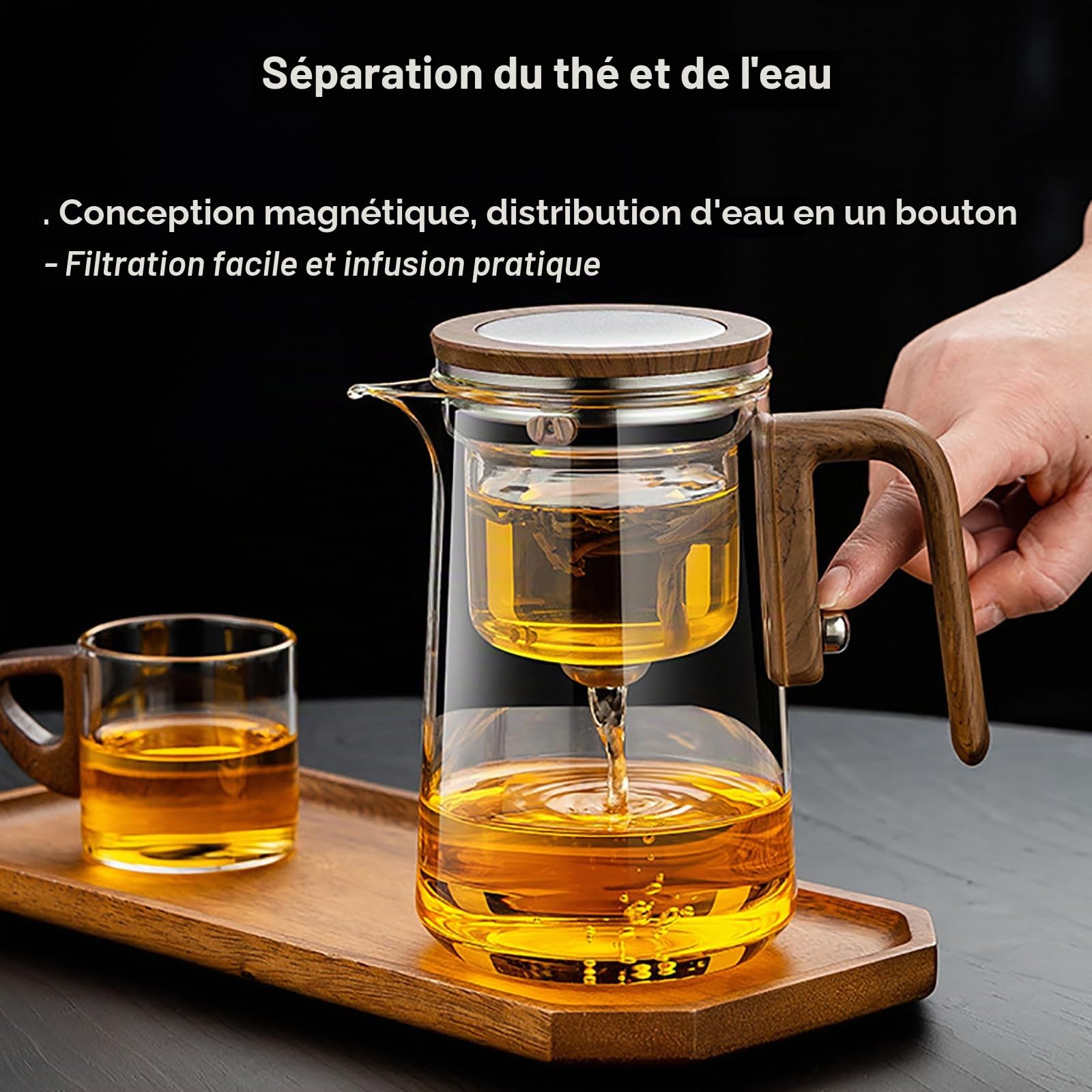 Théière Magique en Verre avec Séparation d'eau – 800 ML, Verre Borosilicate/Design Démontable/Facile à Nettoyer, Enchantipot Magic Teapot avec Poignée en Bois pour Maison, Bureau