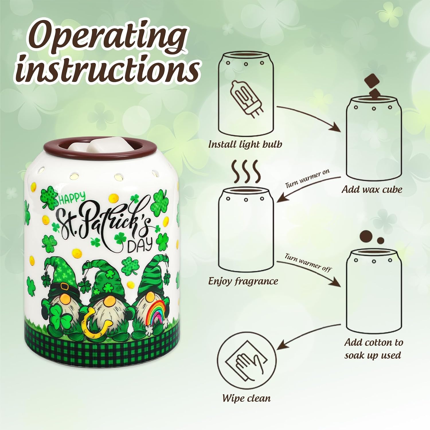 JarThenaAMCS St. Patrick' s Day Decor Shamrock Clover Wax Melt Warmer Irish Gnome Scented Candle Electric Burner with Light Bulb for Table Women Gifts Home Decorations