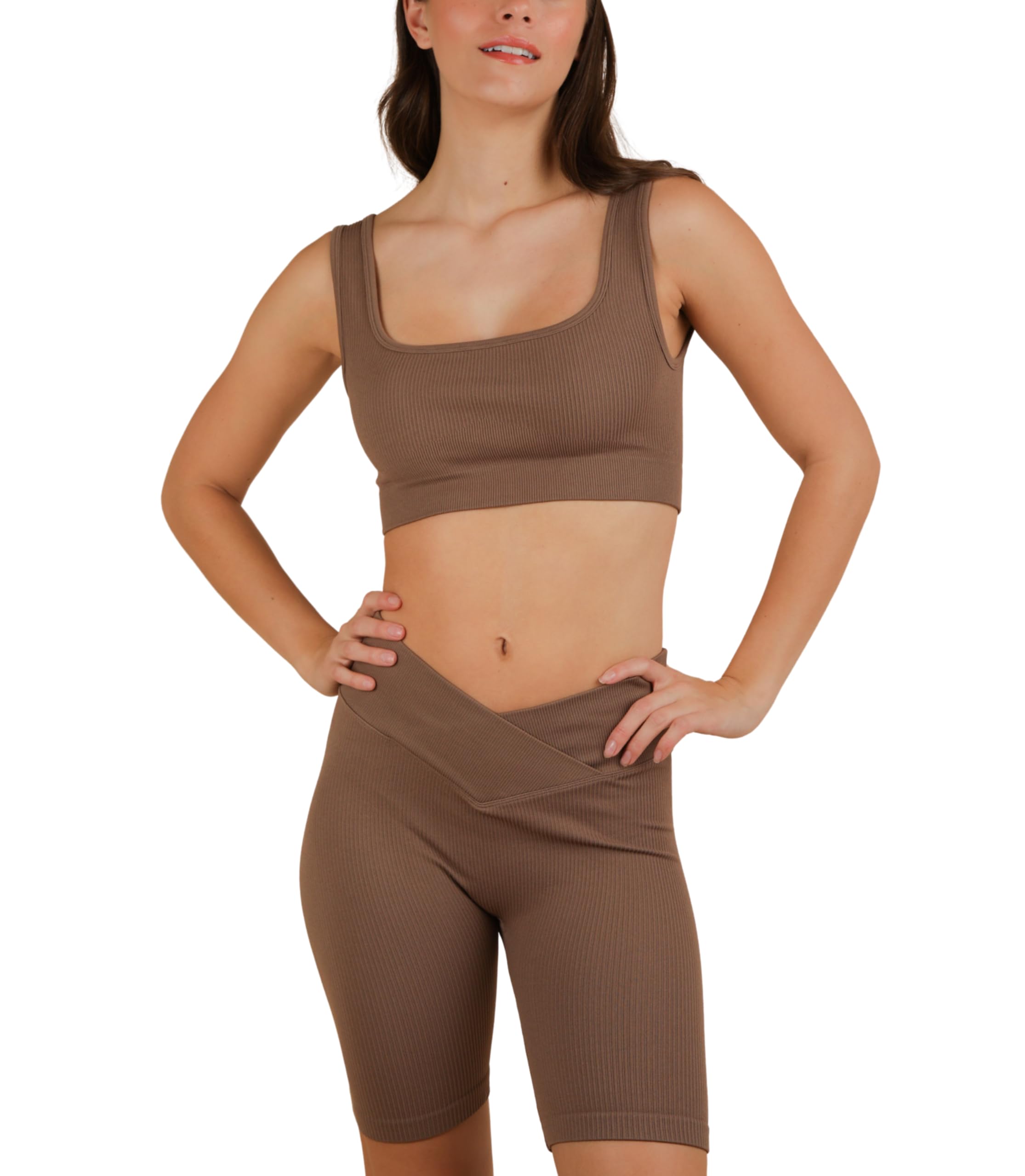 ribbed knit activewear set for women square neck sleeveless crop top with back cutout and overlap waist bike
