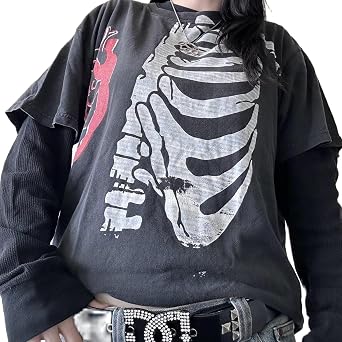 Alyweatry Emo Grunge Shirts Women Fake Two-Piece 2000s Graphic Long Sleeve Vintage Y2k Top Teen Goth Alt Clothes