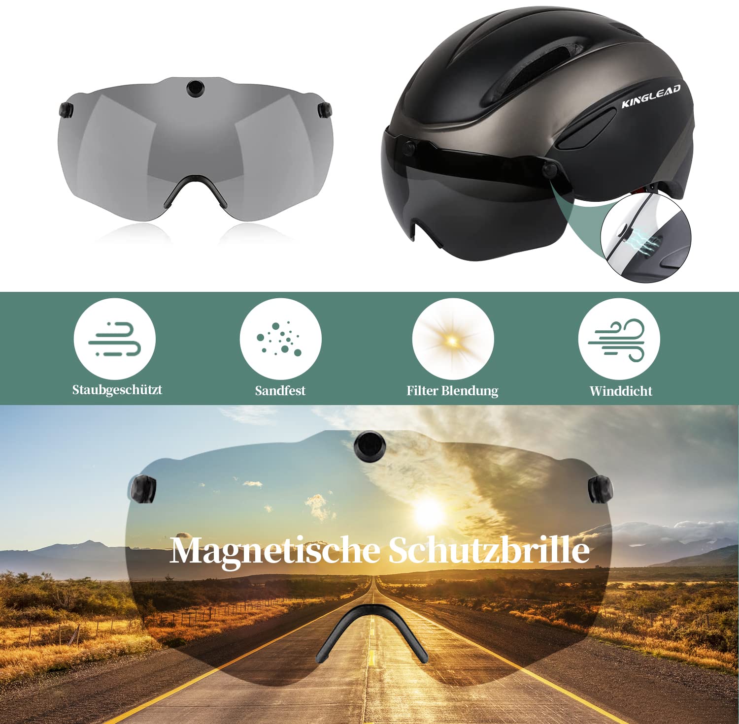 Fahrradhelm Herren Damen mit Abnehmbarem Magnetischem Visier, Ultraleichter Verstellbarer Bike Helm, Atmungsaktiver Radhelm für Erwachsene