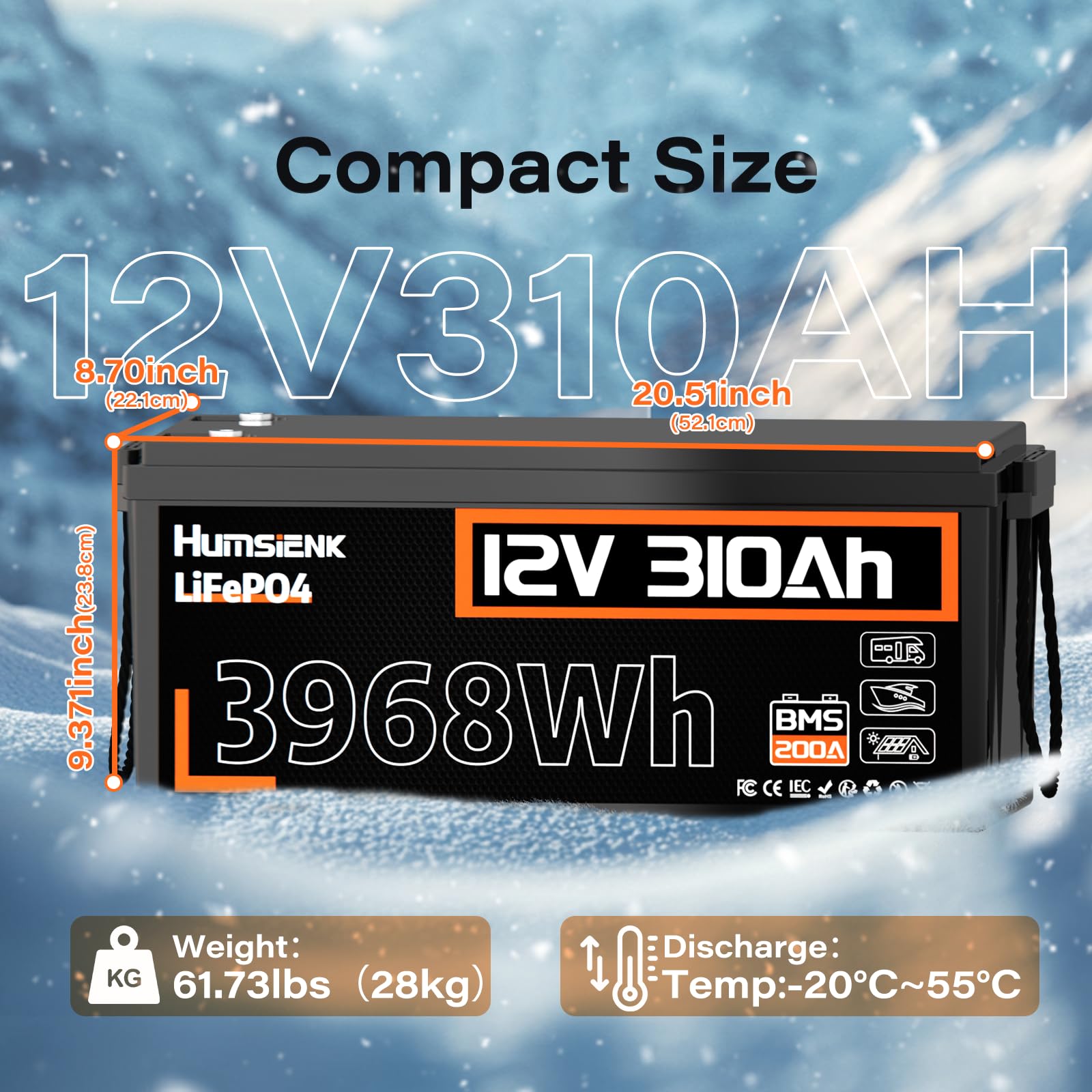 Humsienk Batteria Litio 12V 310Ah LiFePO4 con BMS 200A e Protezione Bassa Temperatur, 15.000 Cicli Profondi, 3968W energia Per Accumulo Solare, Alimentazione di Emergenza, Camper,Off-Grid