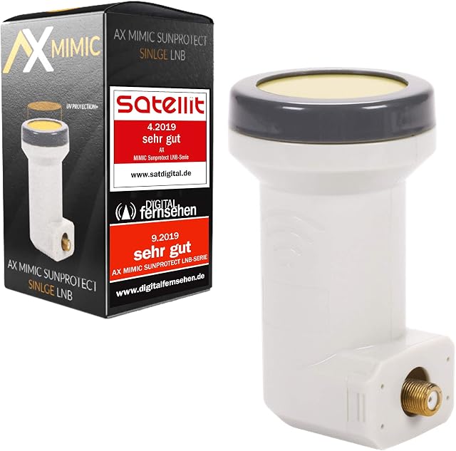 AX Cyfrowy Single LNB Mimic Sun Protect (zimny i odporny na wysokie temperatury -35°C ~ 70°C) filtr LTE, 1 użytkownik, 0,1 dB, 1-krotny, Full HD, 4K UHD, 3D, pozłacane styki, wyciągana ochrona przed warunkami atmosferycznymi,
