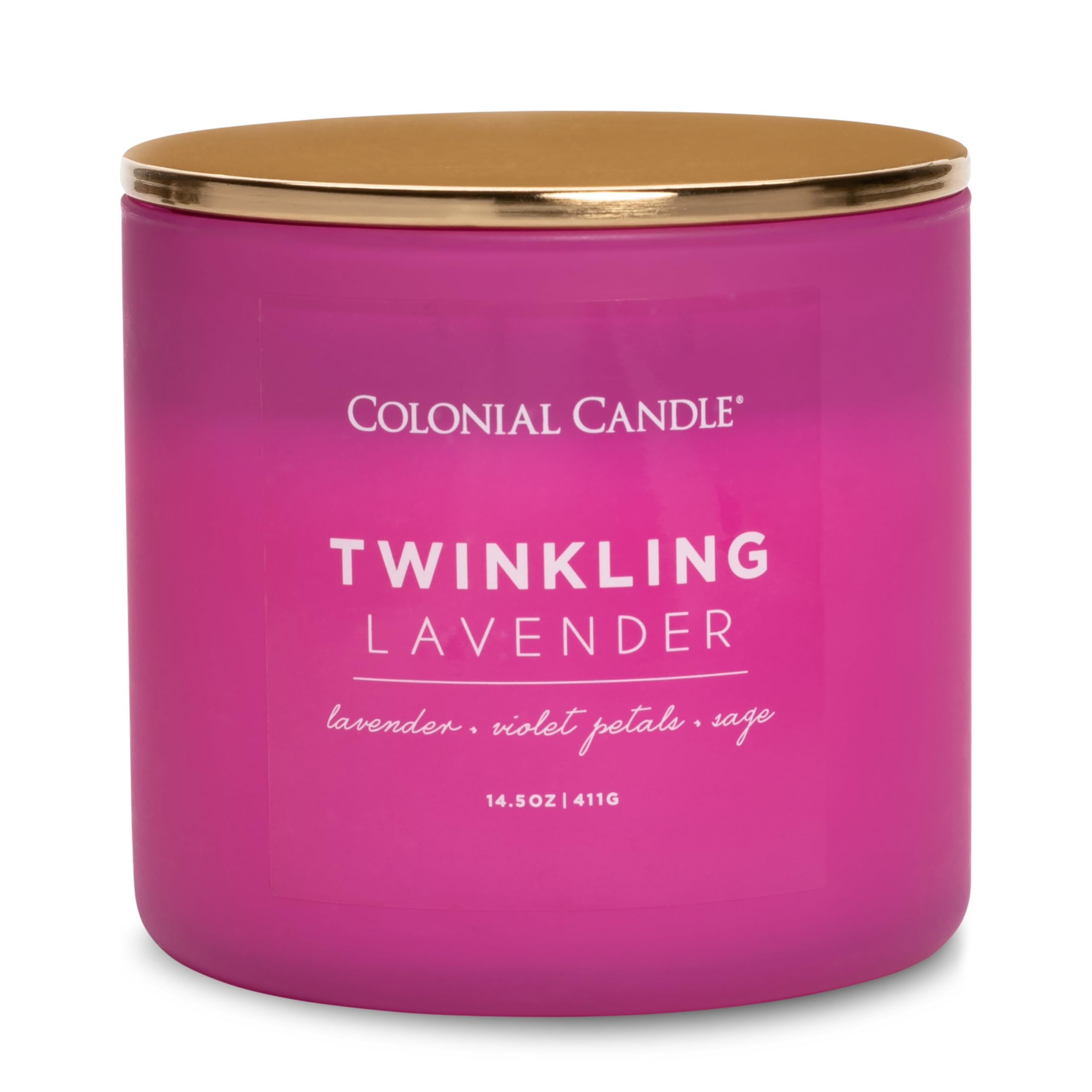 Colonial Candle Pop of Color Twinkling Lavender 14.5 Oz Scented Matt Glass Jar Candle, Three Premium Cotton Wicks