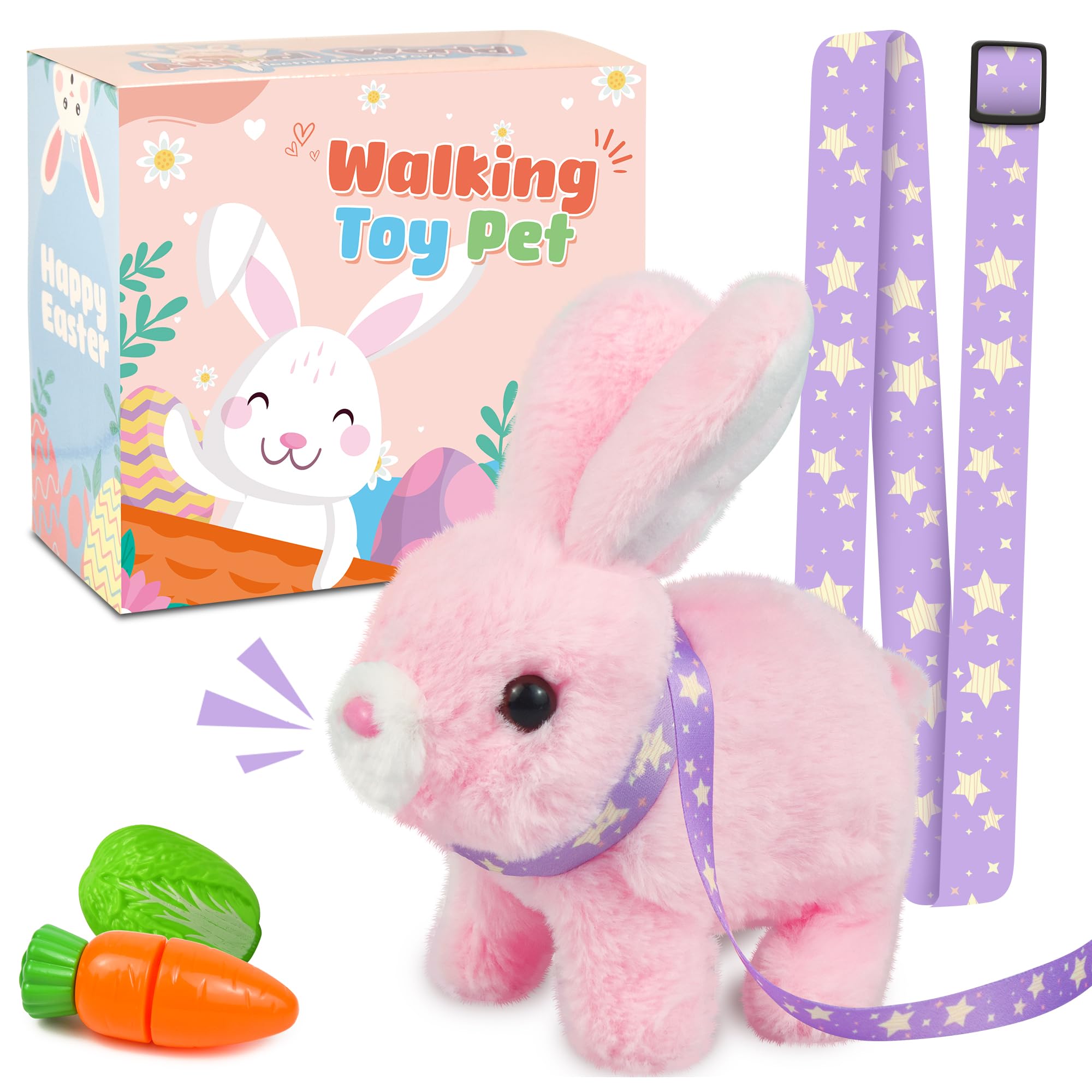 Robot Bunny Pal-My Realistic Bunny Pet Toy with Sounds, Jumping, Twitching, and Shaking Ears, Interactive Plush Bunby for Kids with Leash, Birthday Hopping Rabbit Gifts for Toddlers(Pink)