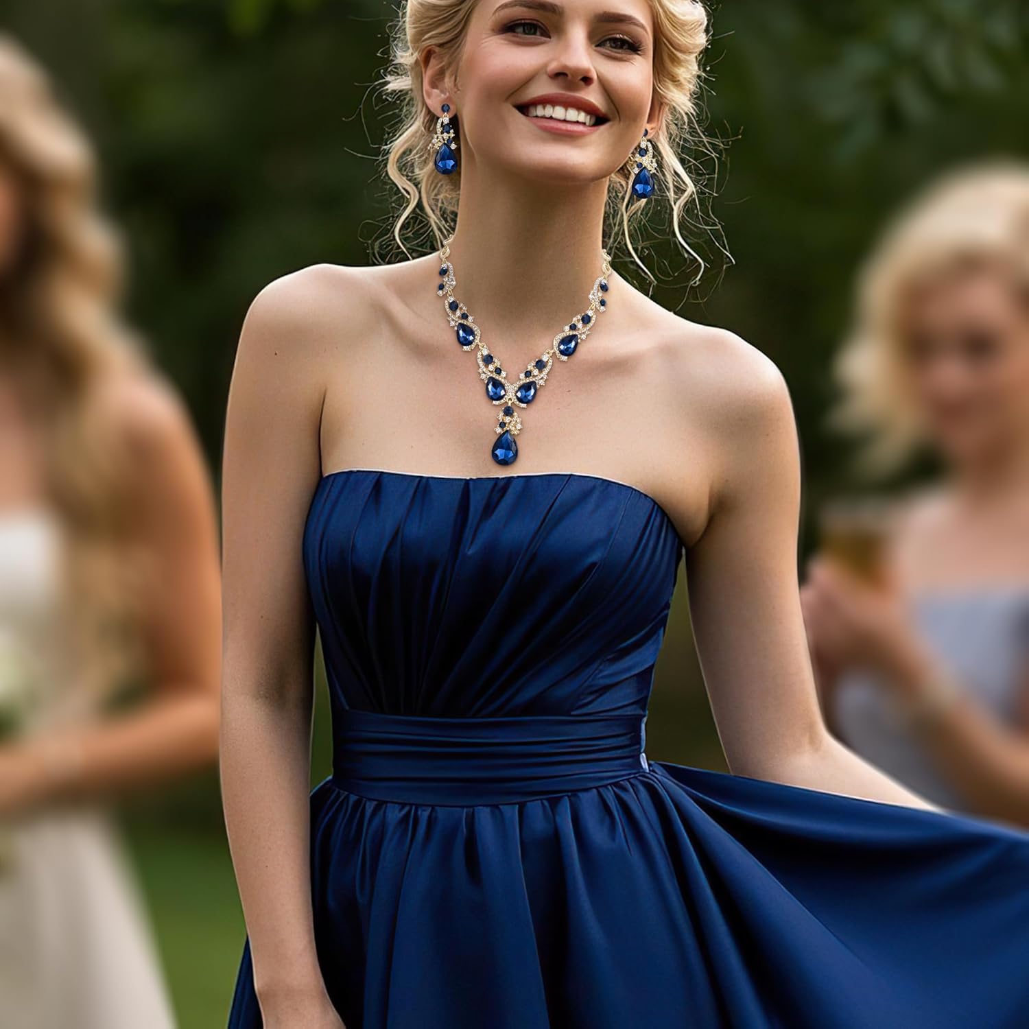 BriLove Women's Wedding Bridal Crystal Multi Teardrop Cluster Statement Necklace Dangle Earrings Set - Image 2