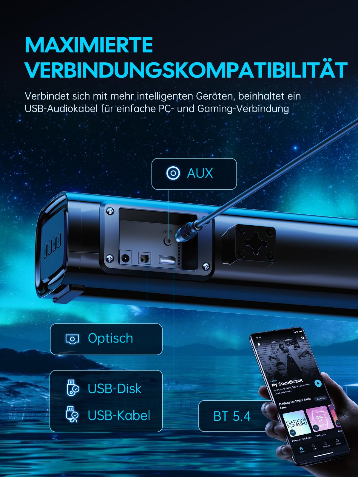 2.1 Channel Mini Soundbar for TV Devices with Integrated Subwoofer, All in One Small Soundbar, 60 W TV Speaker for PC/TV/Projector with USB Sound Card/Optical/AUX/BT5.4, Compatible PS5