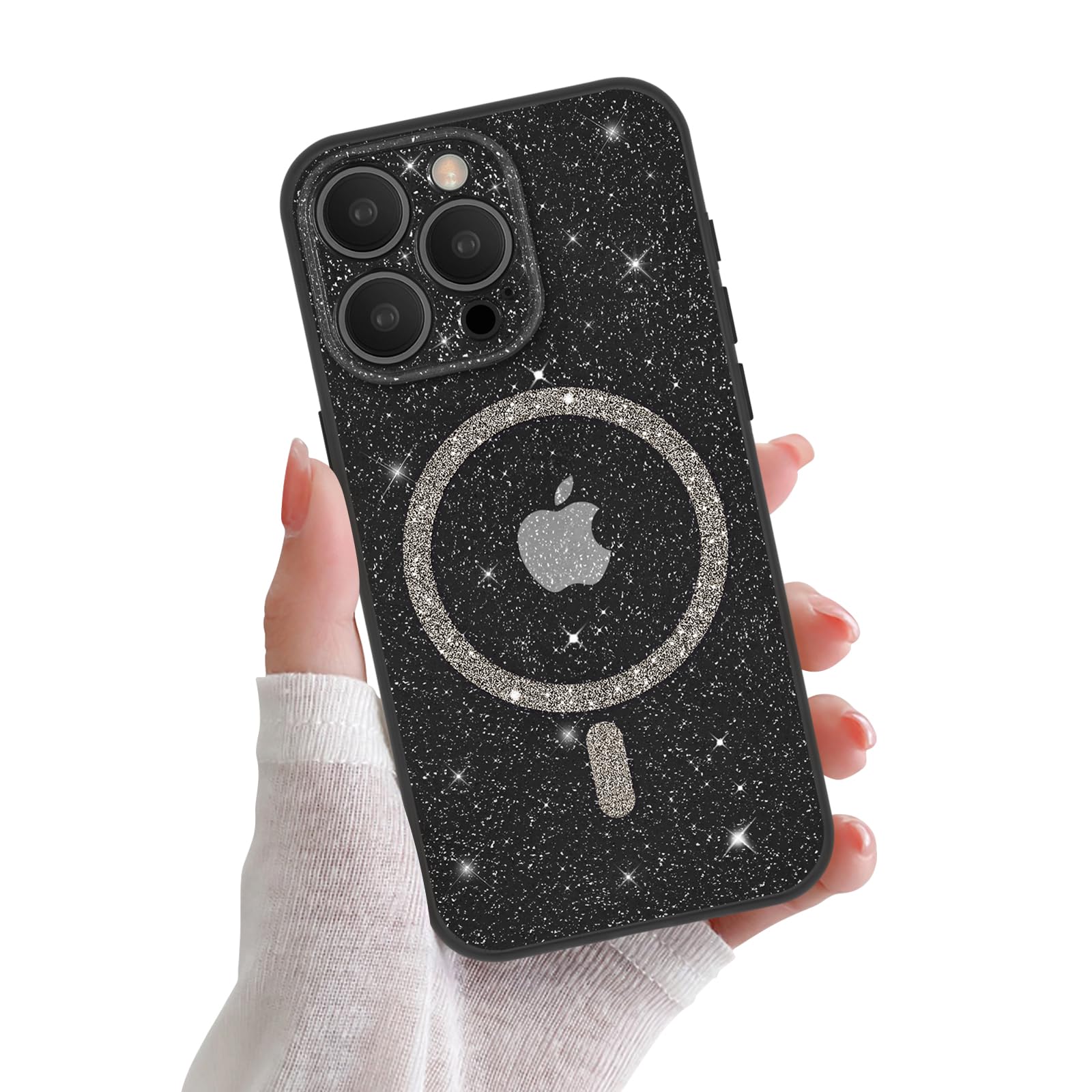 Custodia Per IPhone 15 Con Glitter E Magneti - Compatibile MagSafe - Trasparente Con Brillantini - Nero