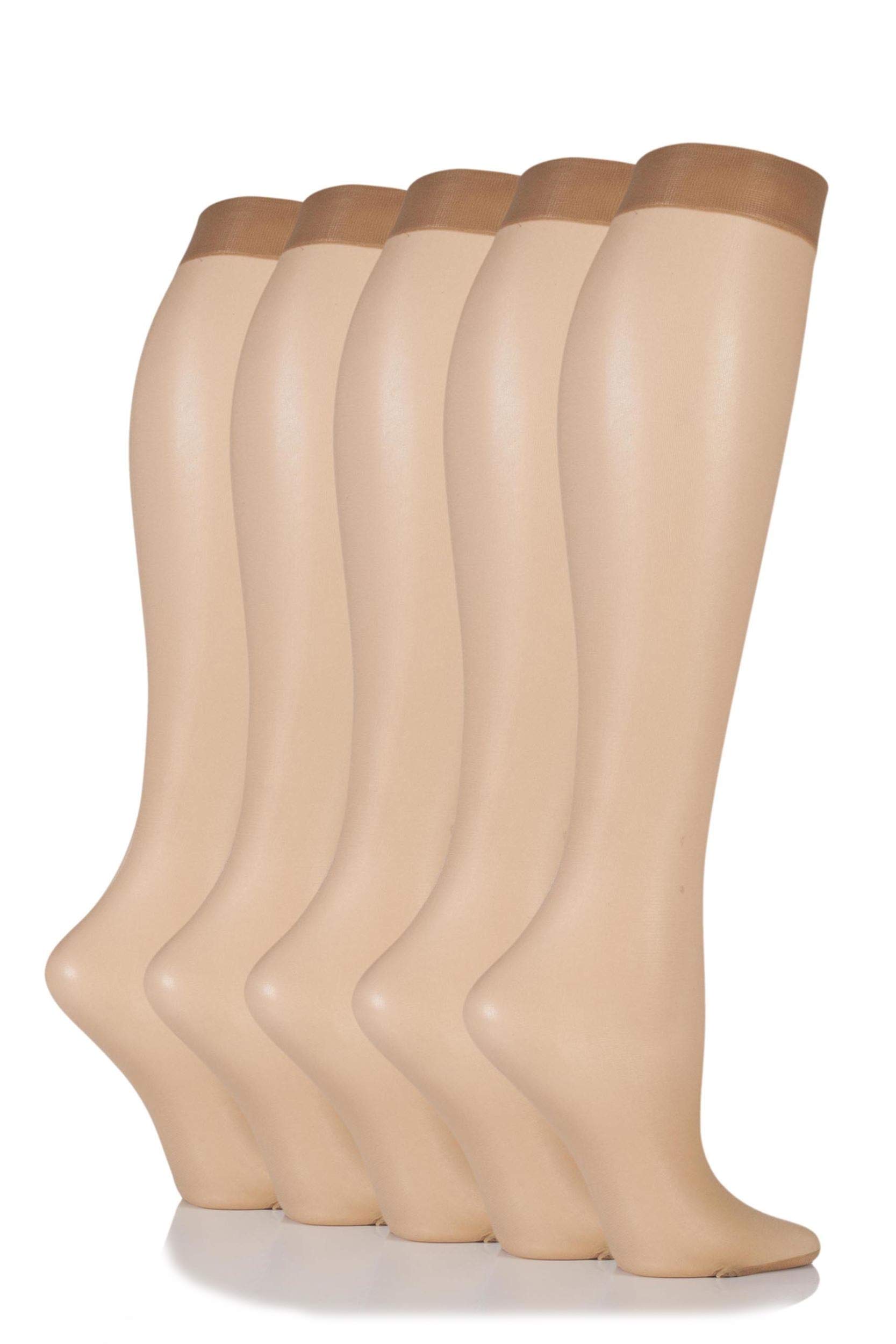 SockShop Women's 5 Pair 15 Denier Knee Highs 4-8 Ladies Nude