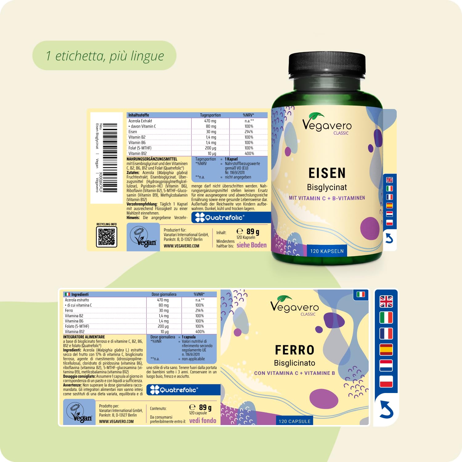 Integratore FERRO 30mg | con Vitamina C, Acido Folico, B12, B2, B6 | Anemia, Mestruazioni, Stanchezza, Difese Immunitarie | Senza Additivi | Vegan | Vegavero®