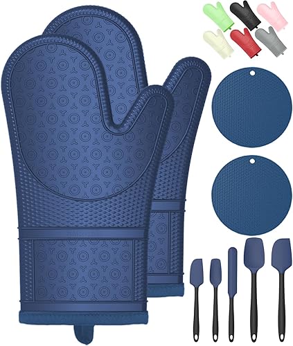 Vista 43 de Guantes de horno con almohadillas calientes resistentes al calor y cinco espátulas de silicona diseñadas para cocinar en la cocina, guantes