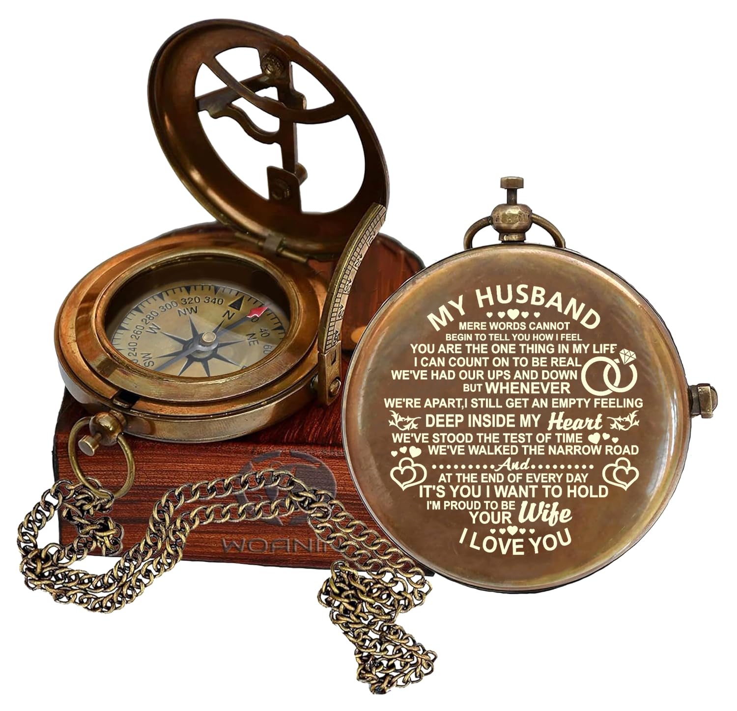 WOANIN Engraved Brass Compass, Husband Compass, Personalized Message, Nautical Decor, Antique Finish, Leather Case