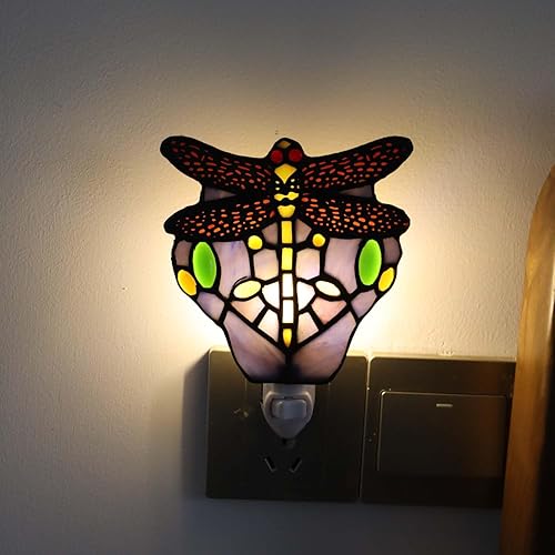Miniatura 10 de Bieye L11401 Lámpara de pared de libélula de vidrio manchado estilo Tiffany con enchufe de luz nocturna enchufable para decoración del hogar