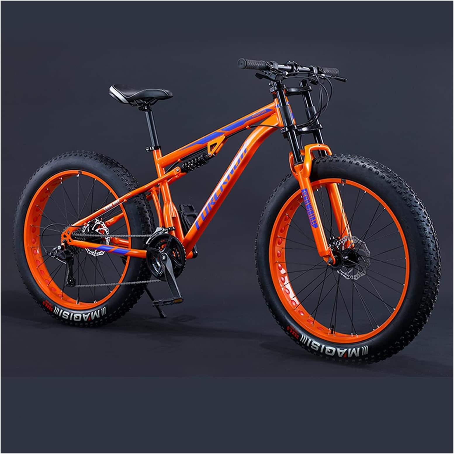 Mountain Bikes Men 26 Inch Adult Fat Tyre Mountain Bike with Full Suspension, High-carbon Steel Large Frame Dual Disc Brake Giant Bicycle,Orange Spoke,27 Speed