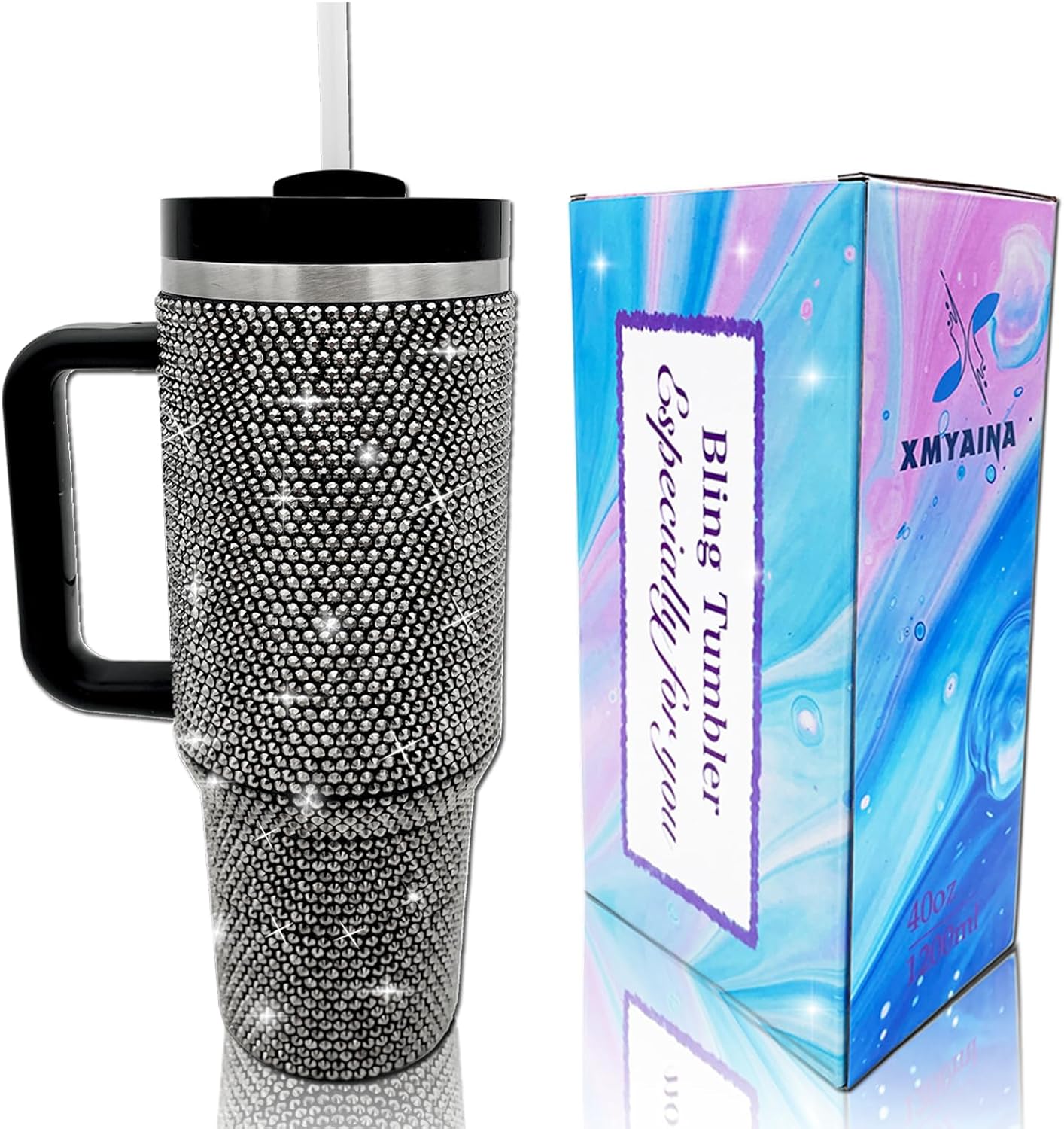 40oz Bling Tumbler with Handle and Straw Lid Rhinestone Studded Tumbler Cups Vacuum Insulated Stainless Steel Double Wall Water Bottle Travel Mug Gifts for Women Her (Black)