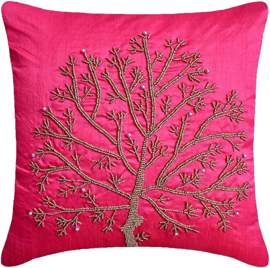 The HomeCentric Euro Pillow, Fuchsia Pink European Pillow Shams 26x26 inch (65x65 cm) Silk Euro Pillow Cases, Nature & Floral, Tree, Beaded, Modern Euro Size Pillow Shams - Fuchsia Tree of Life