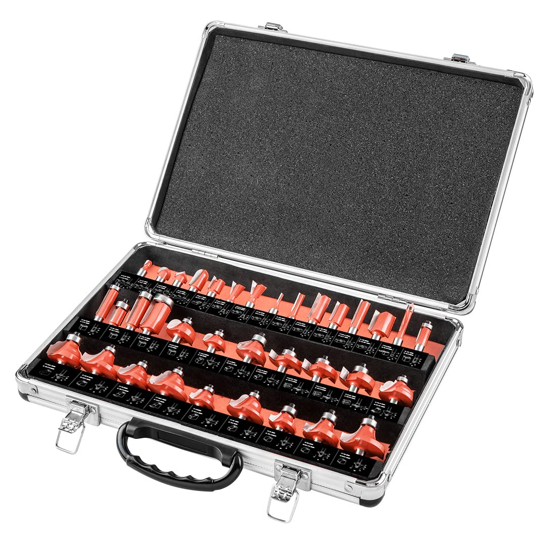 GRAPHITE Widia Fresas de horquilla de 8 mm con inserto de metal duro (HM) Juego de 35 piezas para madera, maletín de aluminio, 13 fresas de ranura en U, 6 fresas rectas, 3 fresas de moldeado, 3