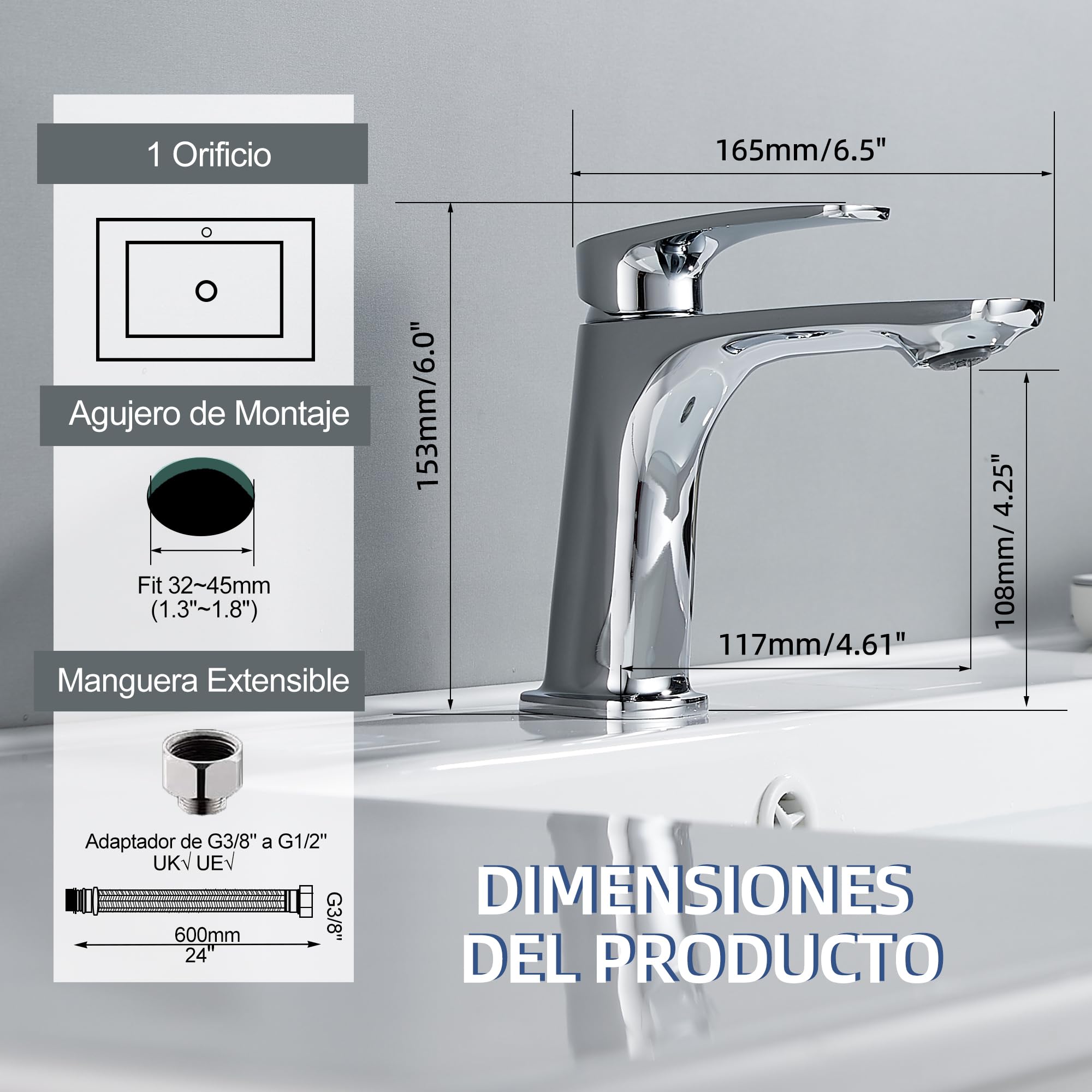 BELZ Grifo Mezclador Baño Latón, Monomando Cromado | Ahorro de agua, silencioso y fácil instalación. Cartucho cerámico antifugas, conexión G3/8.