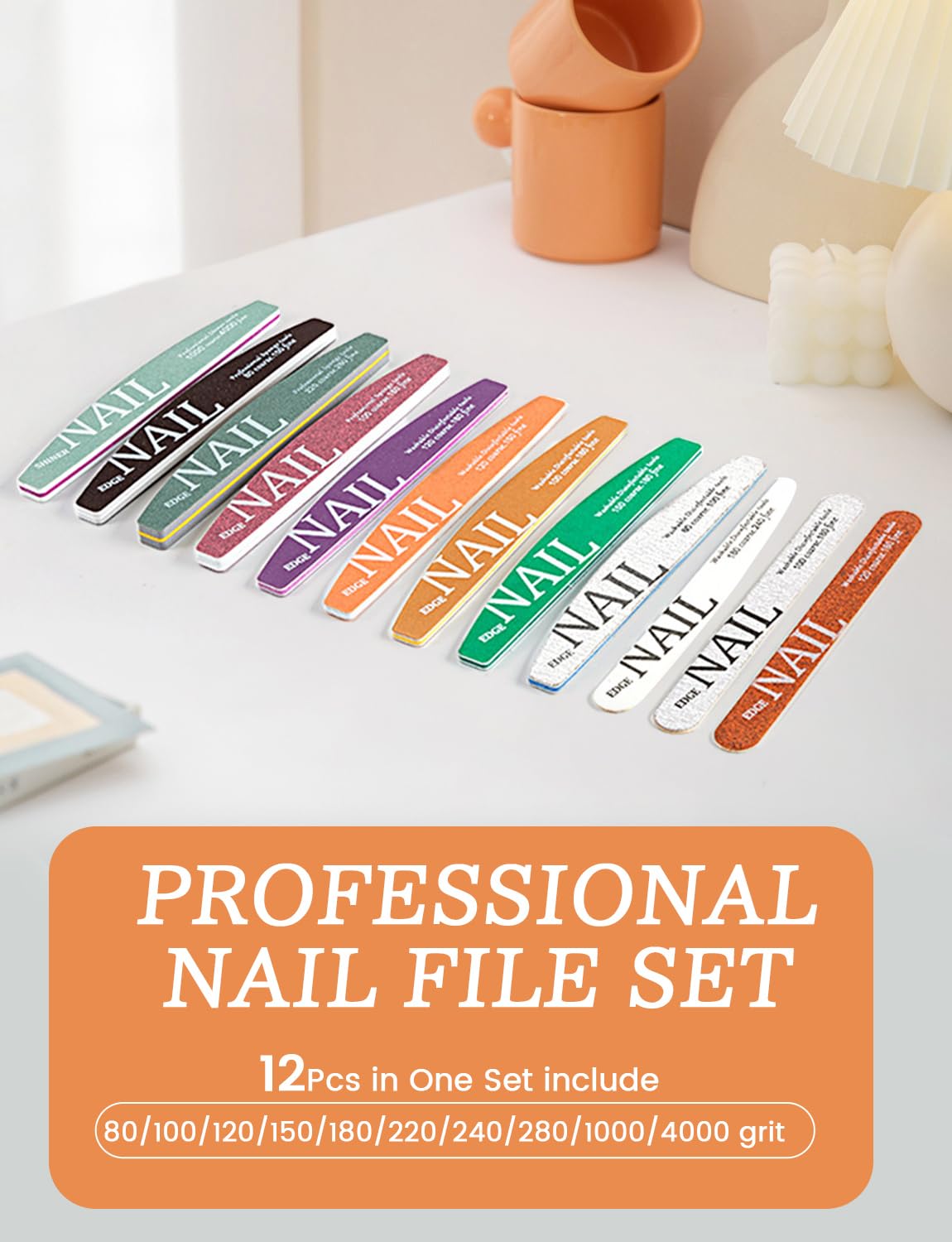 Lime à ongles et polissoir, lot de 12 limes à ongles et blocs polissoirs pour ongles naturels, ongles en acrylique et en gel