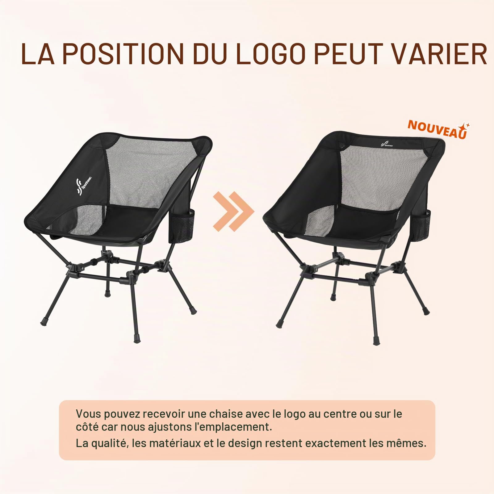 Sportneer Chaise de Camping Pliante Légère et Portable Compactes de Plage Chaise Pliable pour l'Extérieur pour Les Voyages avec Un Sac à Dos Randonnée Pelouse Pique-Nique, Noir, 1