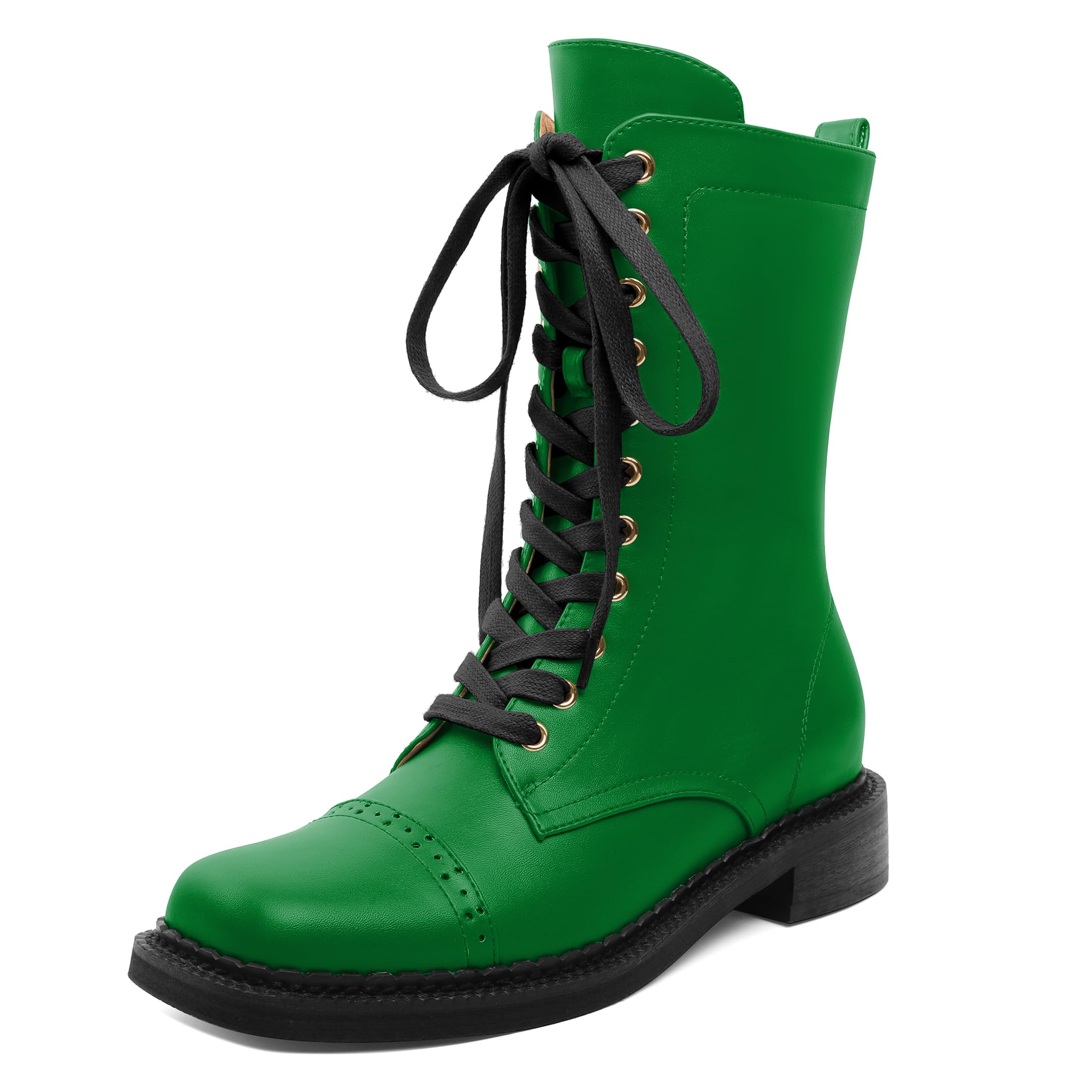 SAMMITOP Womens Ankle Bootie Lace up Mid Calf Combat Boots Chunky Low Heel Square Toe Zipper Boots Fashion