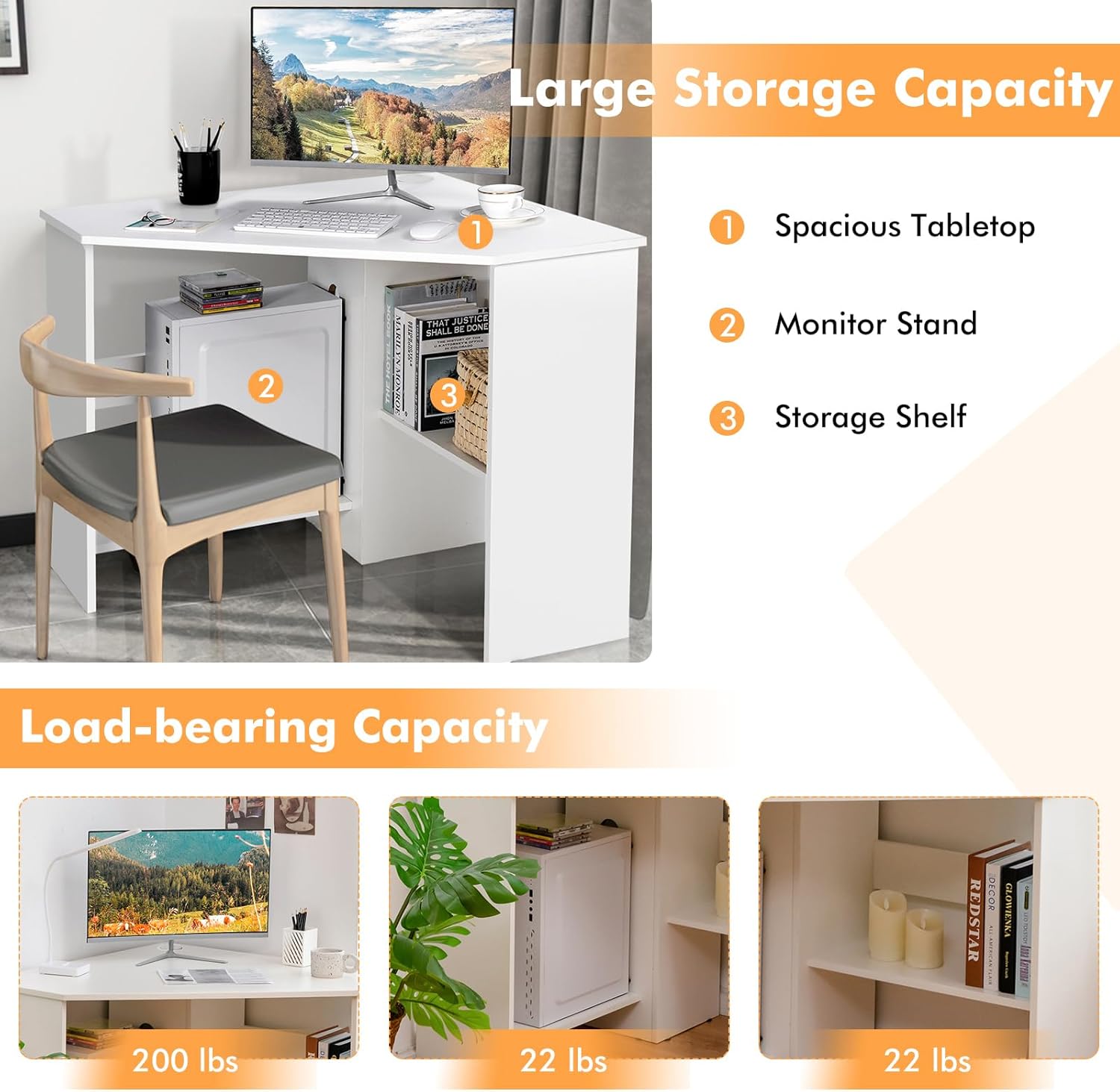 COSTWAY Corner Computer Desk, Space-Saving Triangular Writing Desk w/ 2 Storage Shelves & 2 Cable Holes, Multi-Functional Console Table for Small Space in Home Office, Living Room, Bedroom (White)