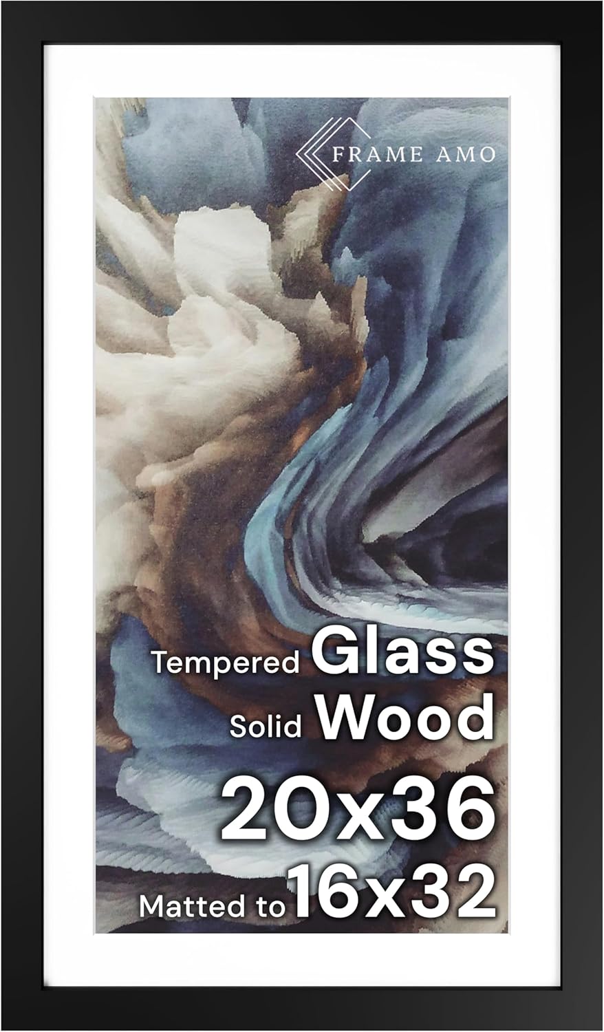Frame Amo 20x36 Black Solid Wood Poster Frame, White Mat for 16x32 Image, Tempered Glass Front, 1.5 inch Wide, 1 inch Thick, High-End, Heavy-Duty, Gallery Grade & Acid-Free Black 20x36