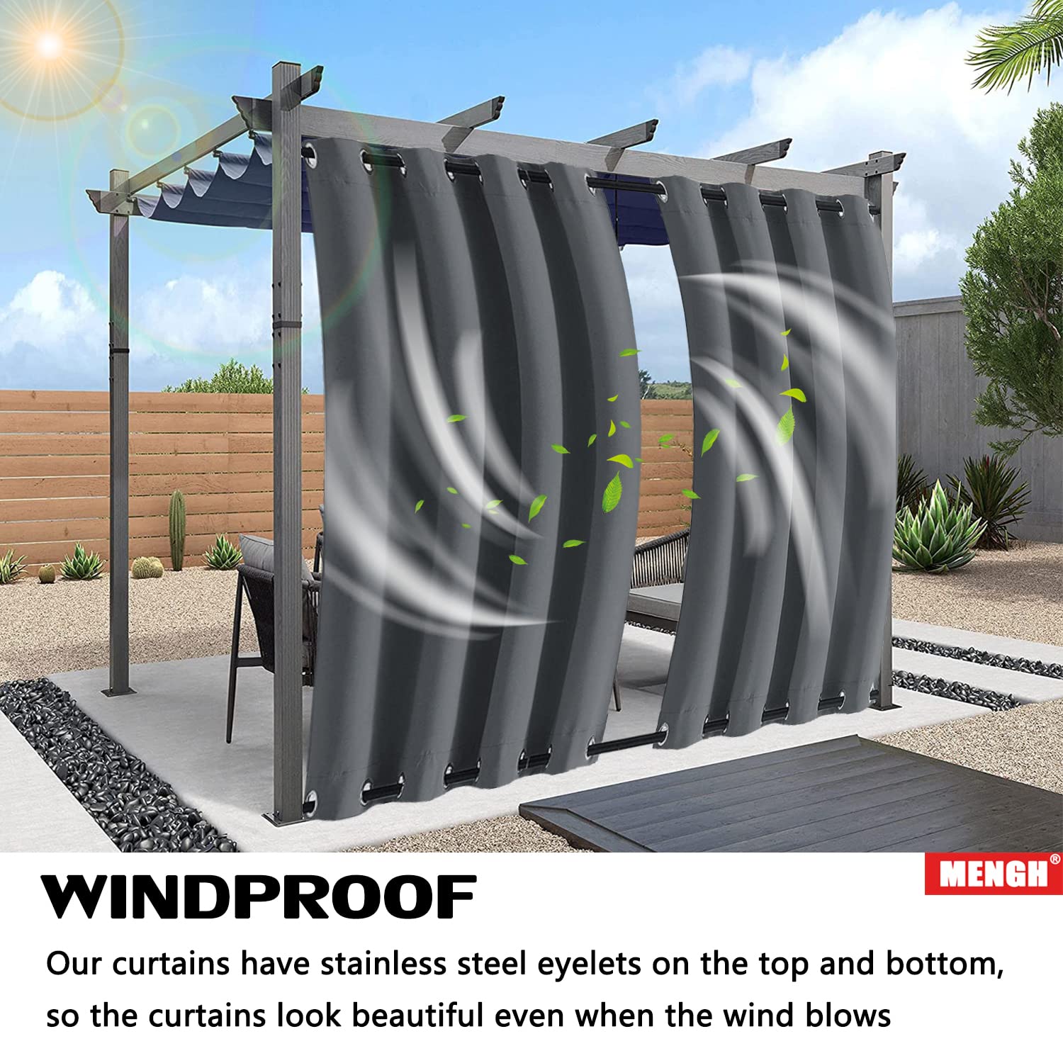 MENGH Outdoor Vorhänge mit Ösen 274x190cm, Hitzestau durch Outdoor Vorhang reduzieren kühl halten Outdoor Gardinen Wasserdicht Für Balkon Terrasse Wasserdicht Sichtschutz Sonnenschutz - Grau 1 Stück