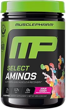MusclePharm Select Aminos EAA + BCAAs, Post Workout Essential Amino Acids Powder, Pre Workout Energy Supplement for Men & Women with Branched Chain Amino Acids, 30 Servings Sour Candy