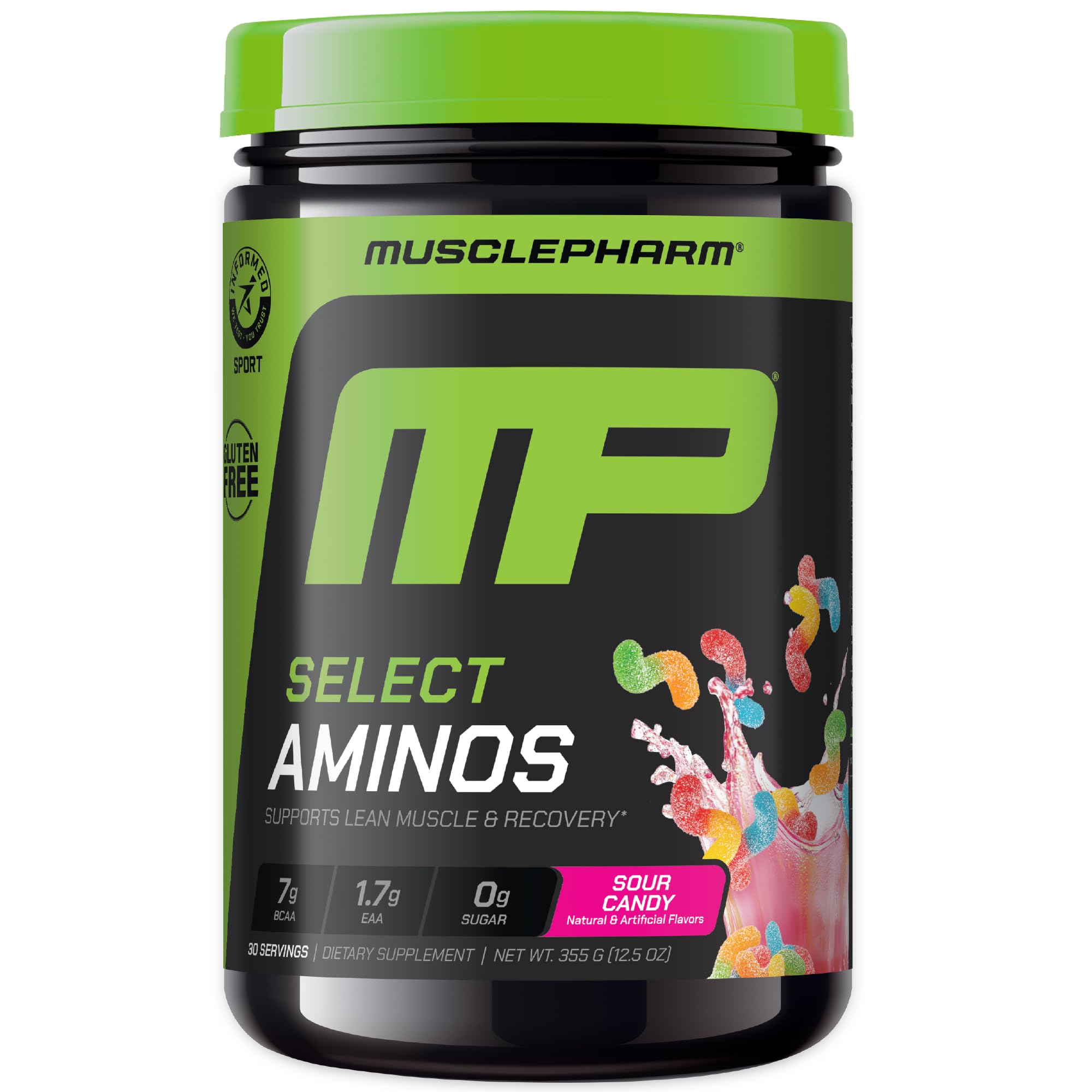MusclePharm Select Amino's EAA + BCAAs, Post Workout Essential Amino Acids Powder, Pre Workout Energy Supplement for Men & Women with Branched Chain Amino Acids, 30 Servings (Sour Candy)