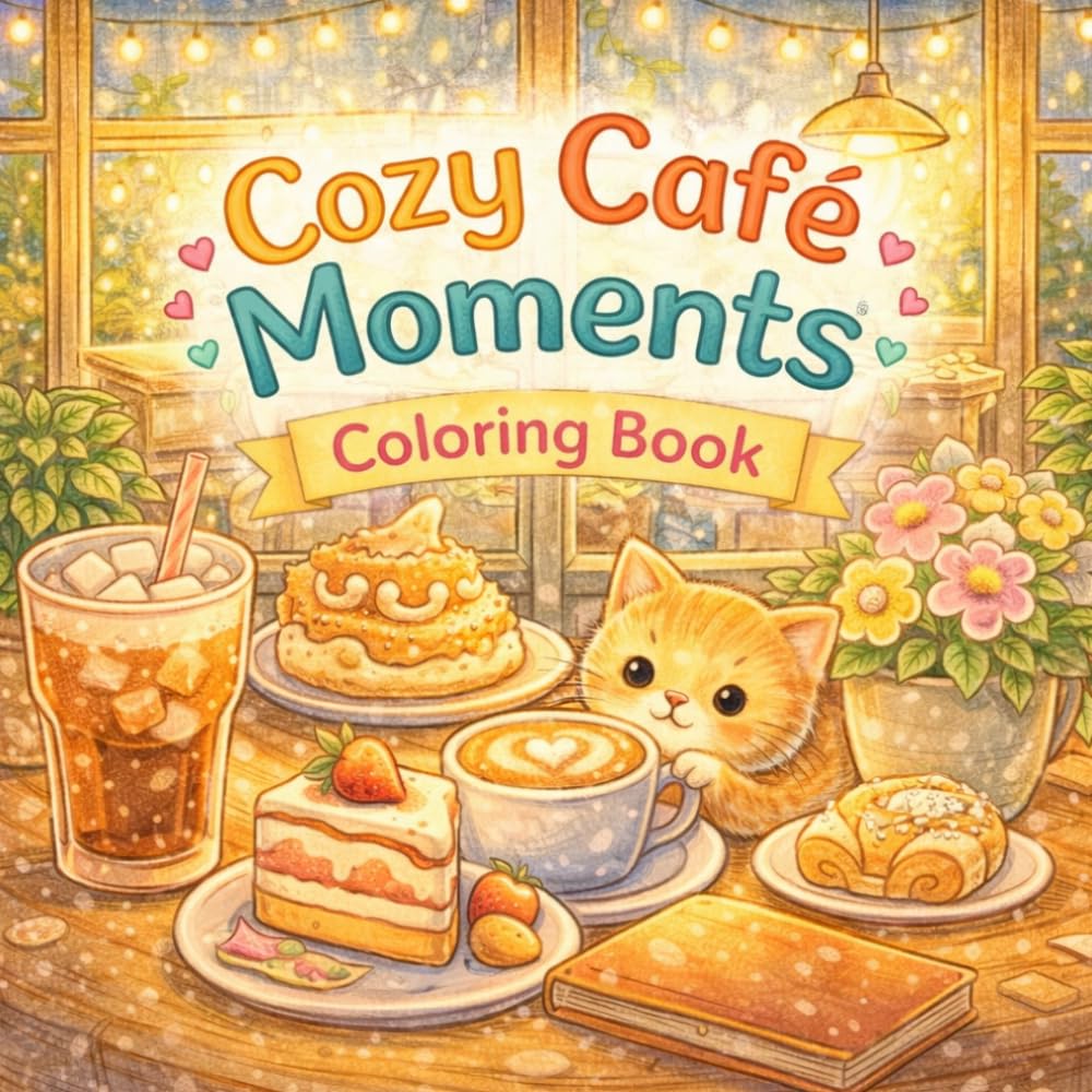 Cozy Café Moments Coloring Book for Adults & Teens: Cute & Relaxing Café Scenes with Coffee, Desserts and Adorable Animals in Bold & Easy Designs for Stress Relief and Mindfulness