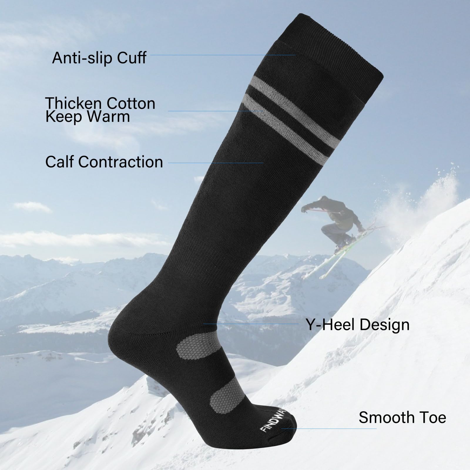 Findway Calcetines Termicos de Esquí, Paquete de 2 Pares, Calcetines de Invierno, Snowboard, Senderismo y Ciclismo, de Alto Rendimiento y Suaves y Cálidos, Calcetines Nieve para Hombres y Mujeres