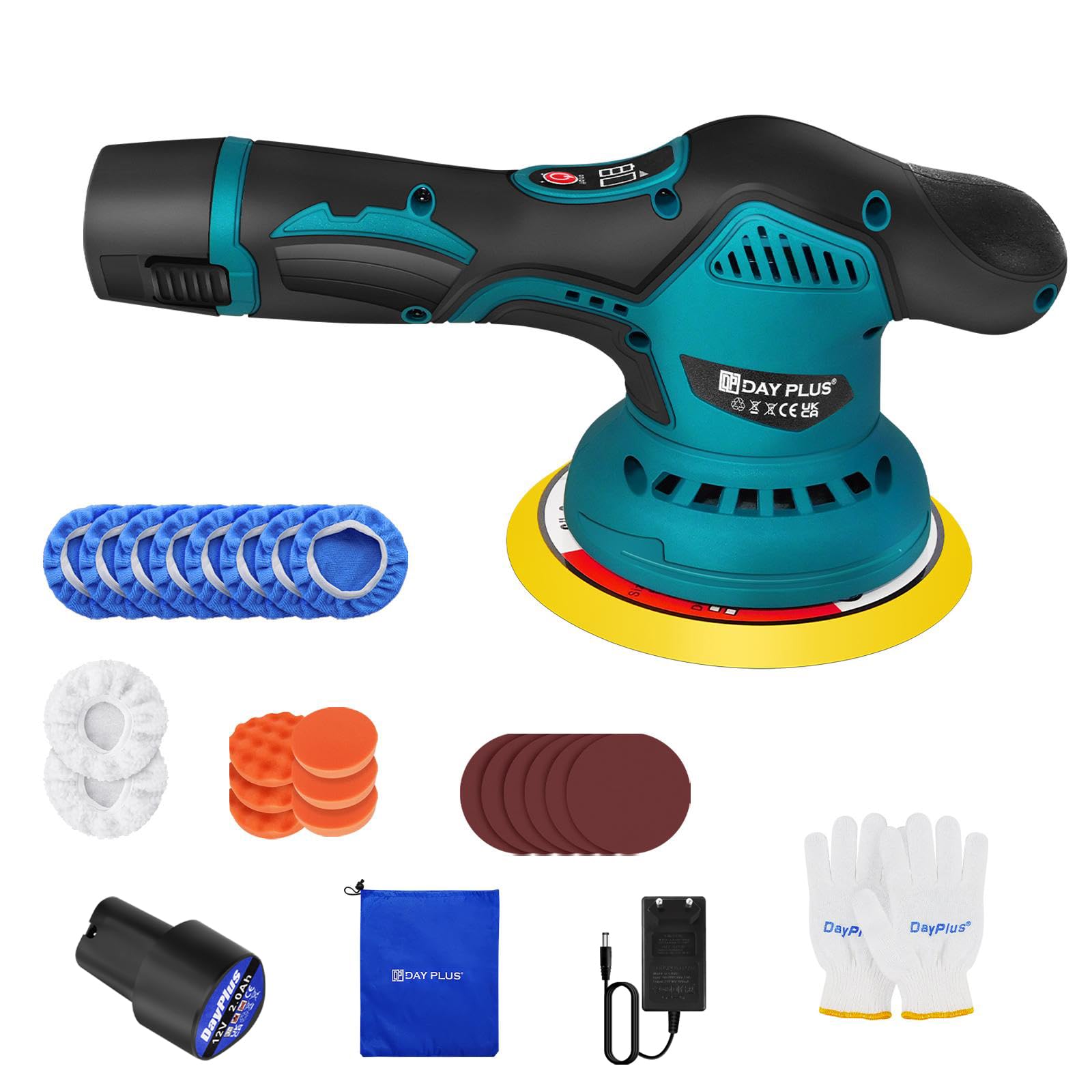 Polisseuse à batterie bleue, Lustreuse Voiture, Polisseuse électrique 12 V avec 2 batteries de 2000 mAh, 2800-5500 tr/min, 8 vitesses variables, affichage LED