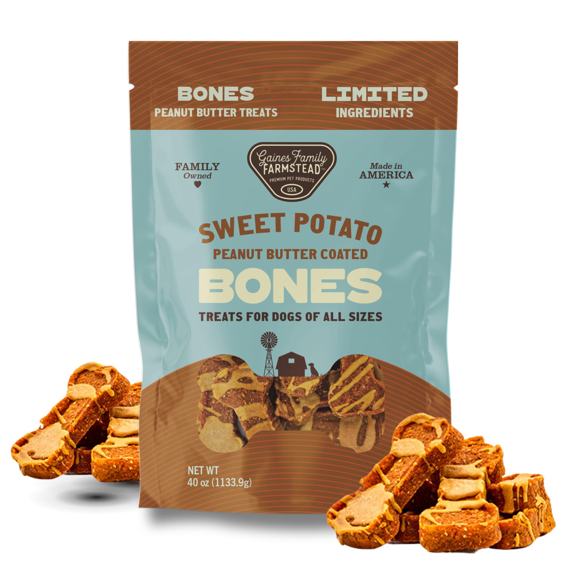 Gaines Family Farmstead Peanut Butter Coated Sweet Potato Dog Bones – 40 oz Bag, Grain-Free, Chewy, Natural Dog Treats for Digestion, Skin, Energy &