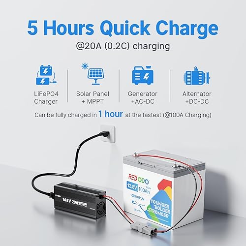 Miniatura 7 de Redodo Batería LiFePO4 de 12.8 V 100 Ah Grupo 24, batería LiFePO4 de ciclo profundo de 1280 Wh con BMS de 100 A, batería recargable de litio de más